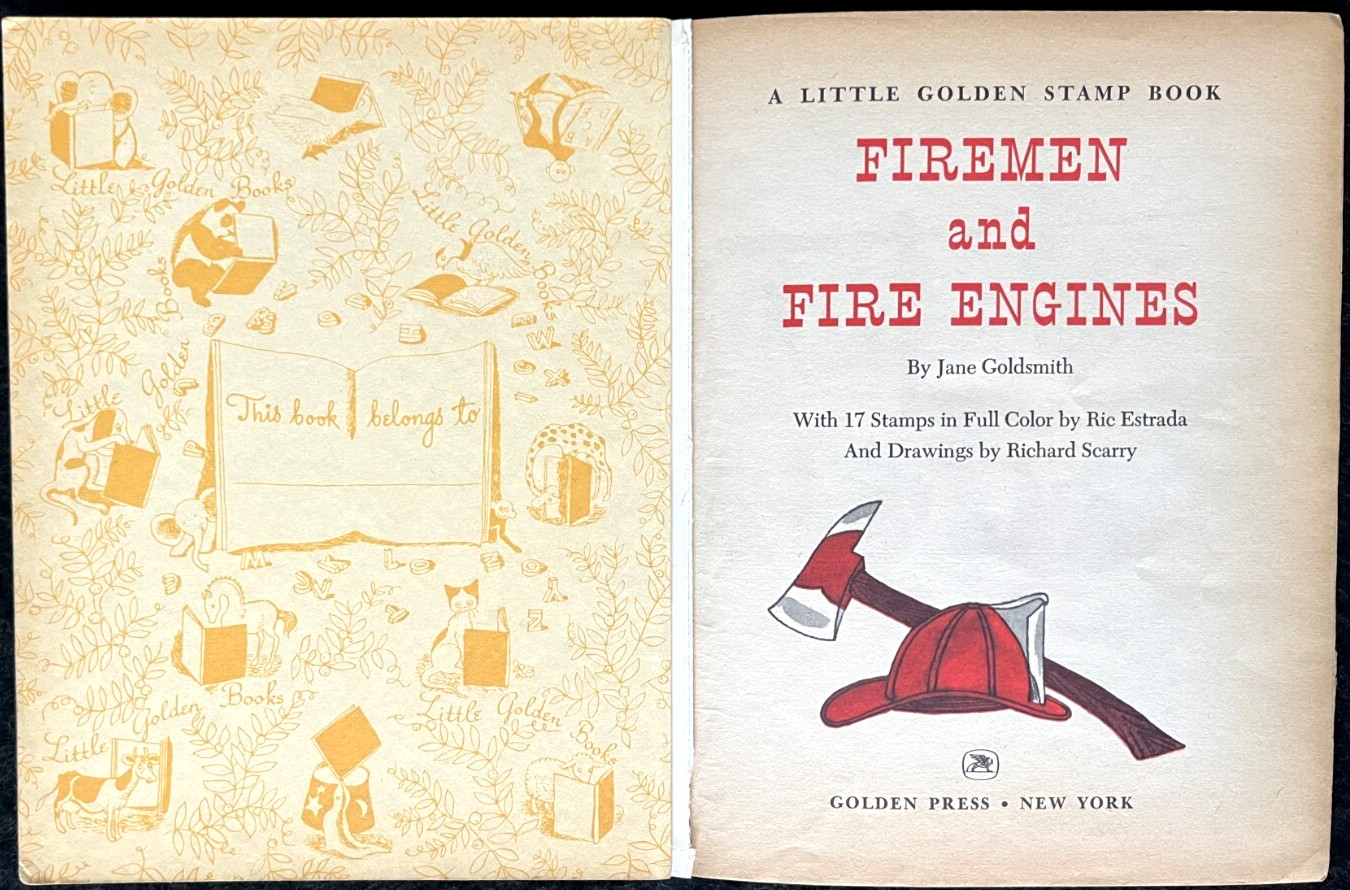 FIREMEN & FIRE ENGINES + DOG STAMPS ~ vintage Little Golden Book set, GUC