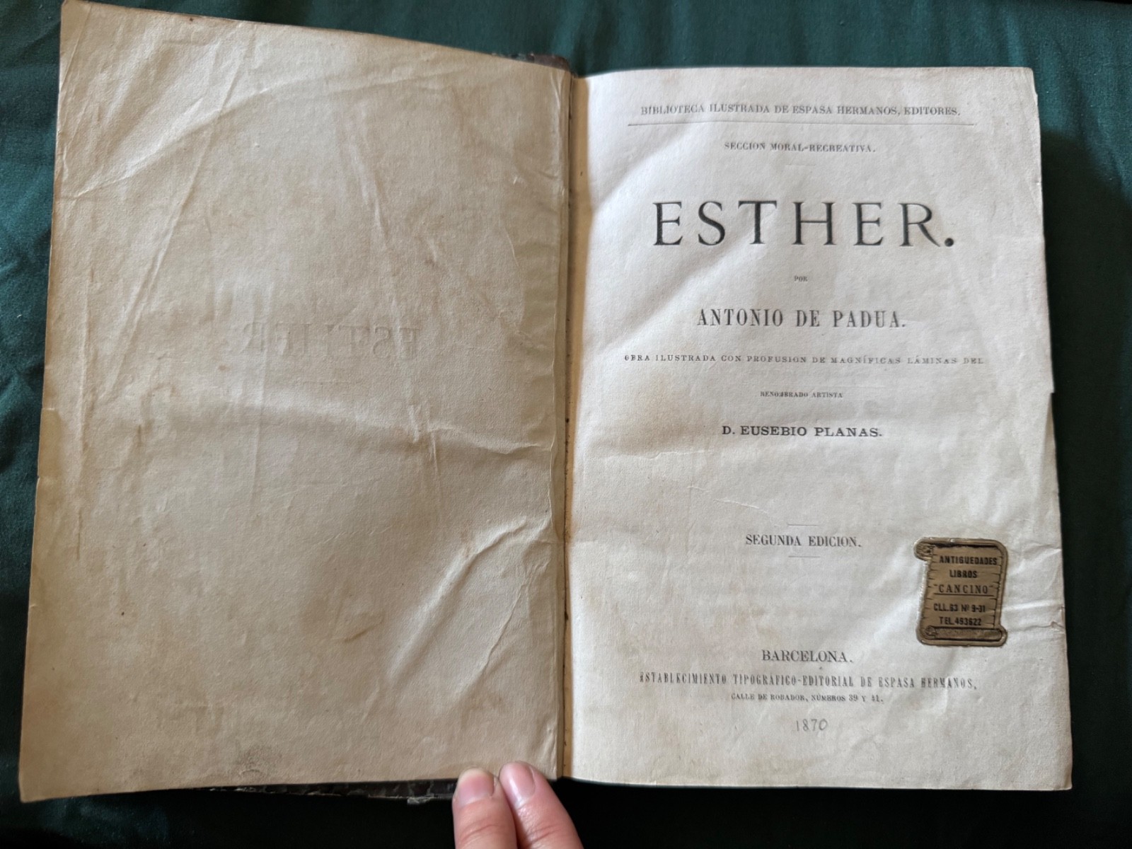 RARE 1870 Spanish Novel “Esther” by Antonio de Padua – Espasa Hermanos Barcelona