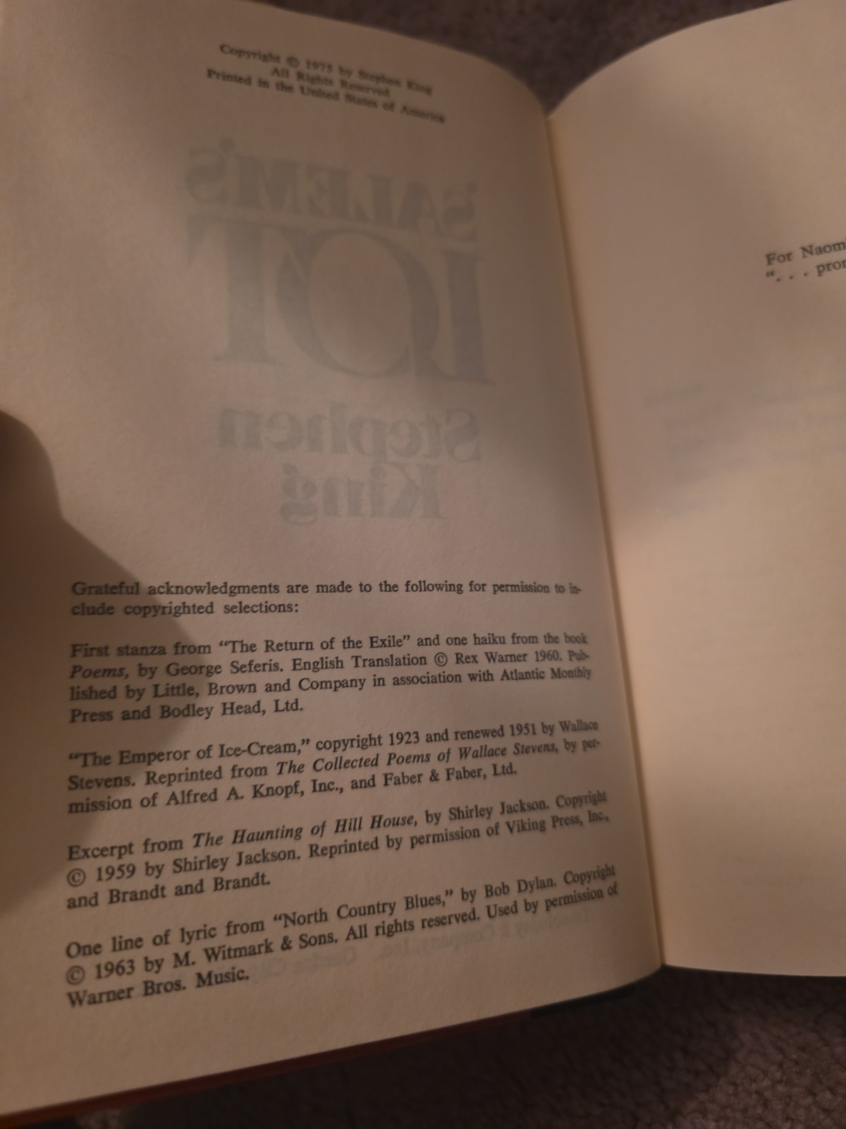 SALEM’S LOT HC BOOK CLUB EDITION Stephen King 1975