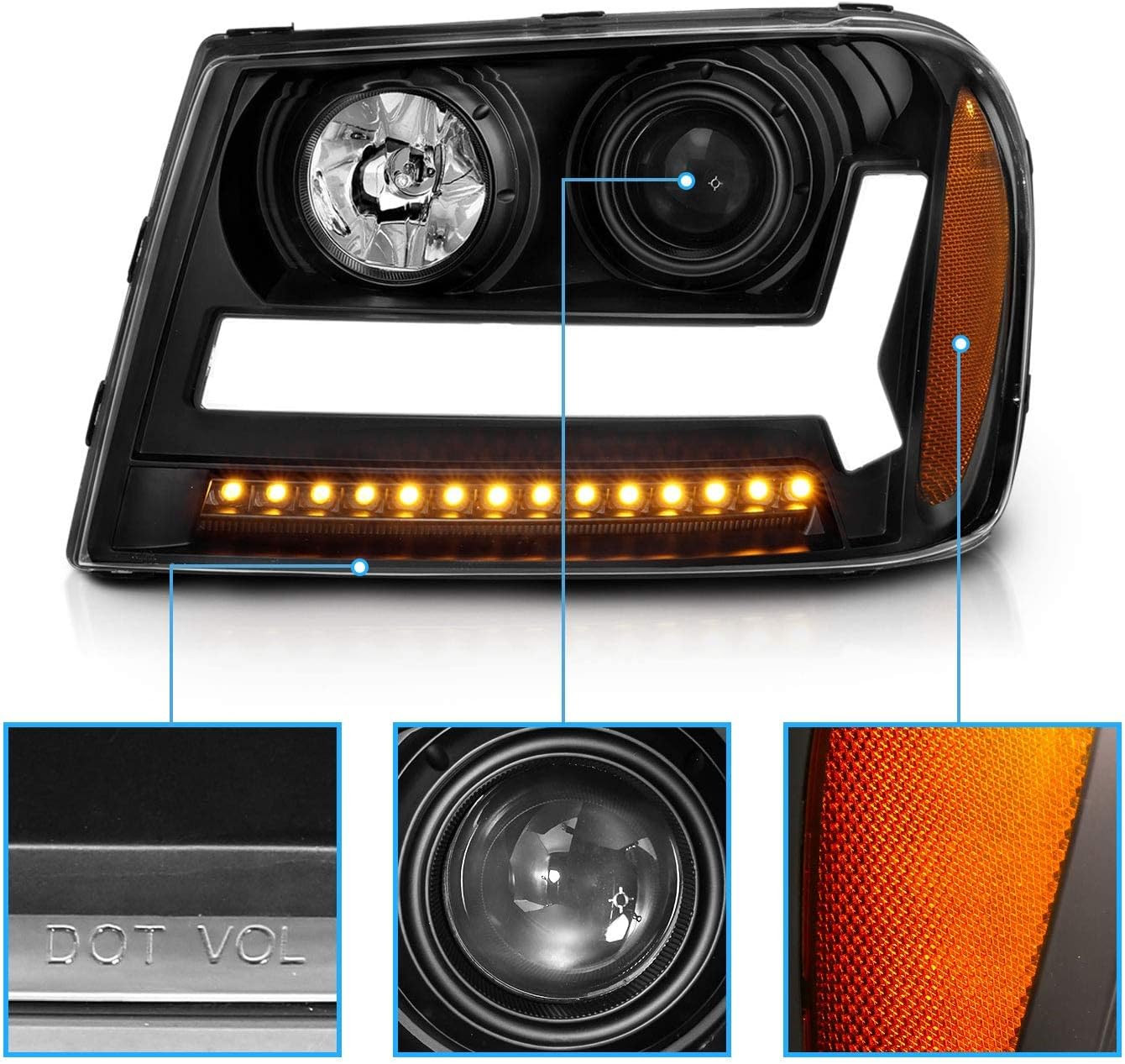 for 2006-2009 Chevy Trailblazer LT Models Plank LED Tube Projector Black Headlig