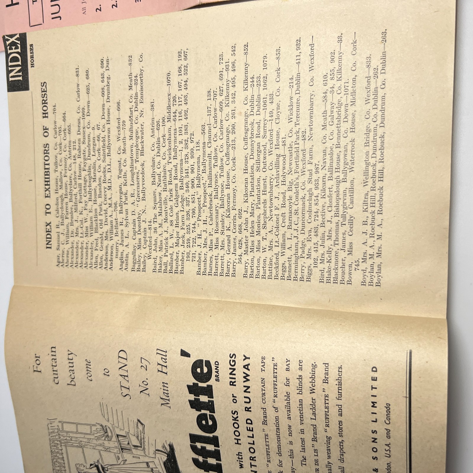 1952 Dublin Horse Show Official Catalogue & Jumping Enclosure Card