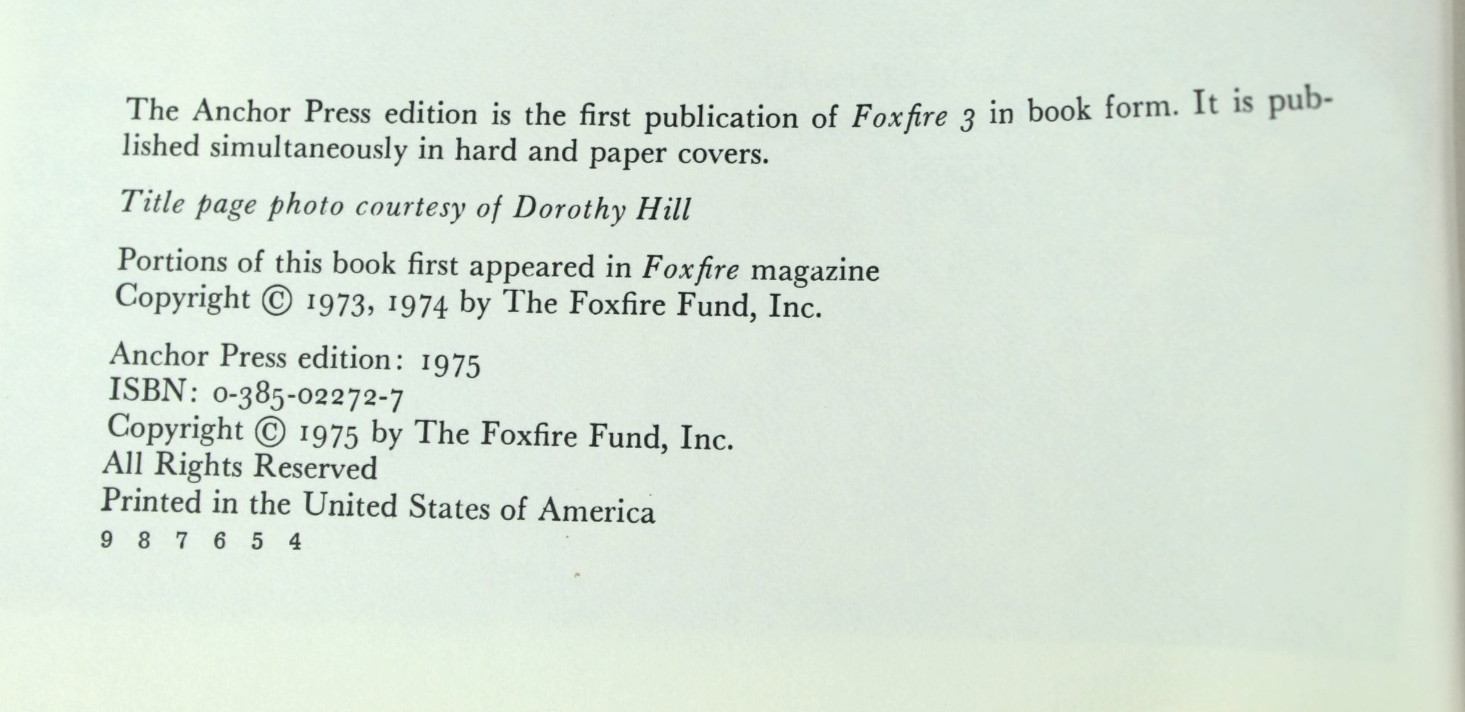 Foxfire 3 Nature Survival Paperback Book 512 Pages Anchor Press/Doubleday 1975