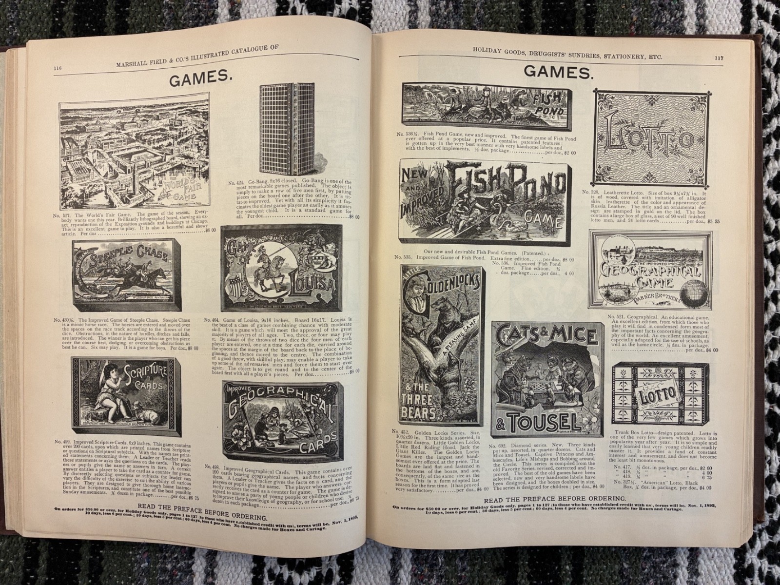 Original Marshall Field Catalogue 1892-1893 – toys, dolls, perfumes, instruments