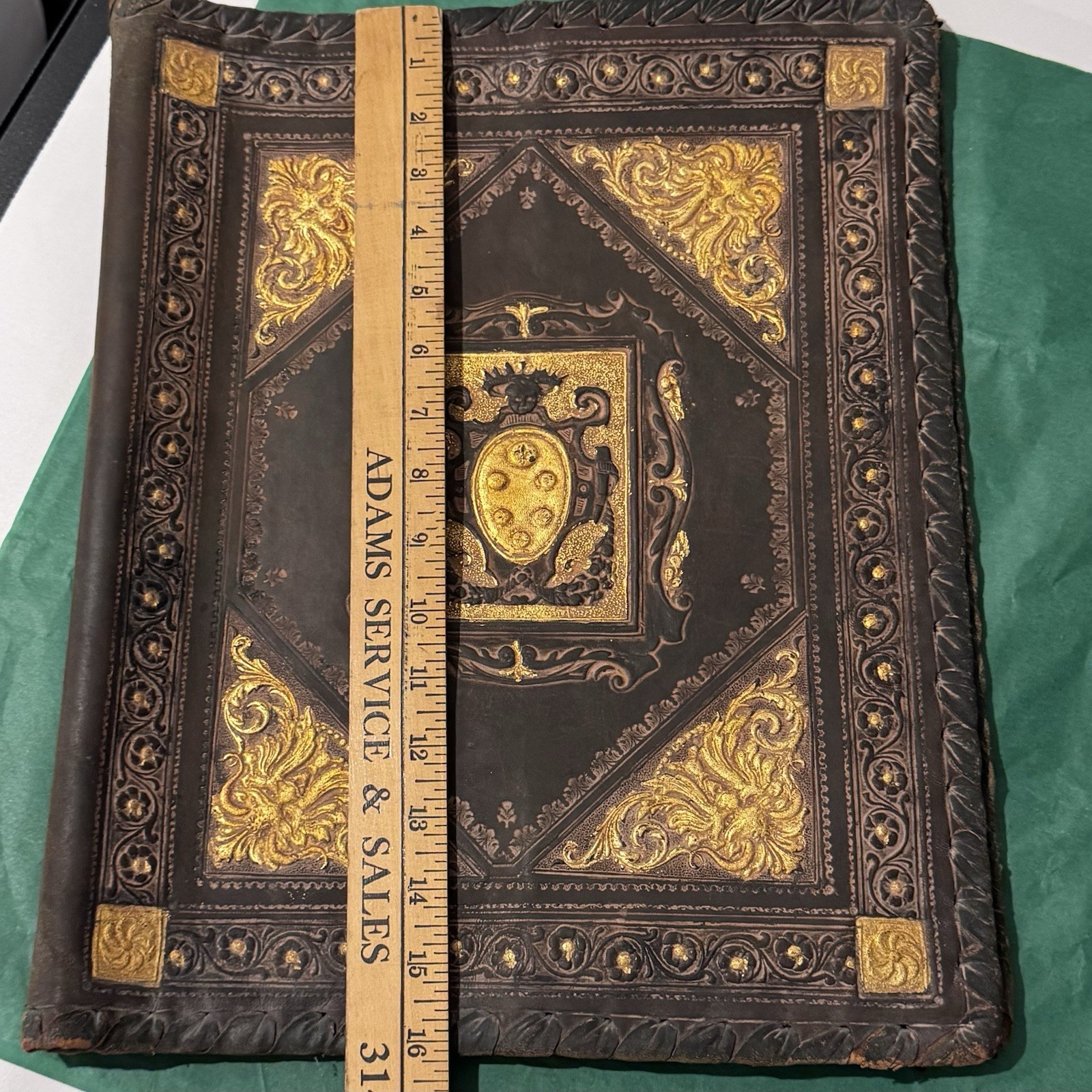 Antique Hand Tooled Leather Book Cover made In Italy Large 13” X 16” Gilded