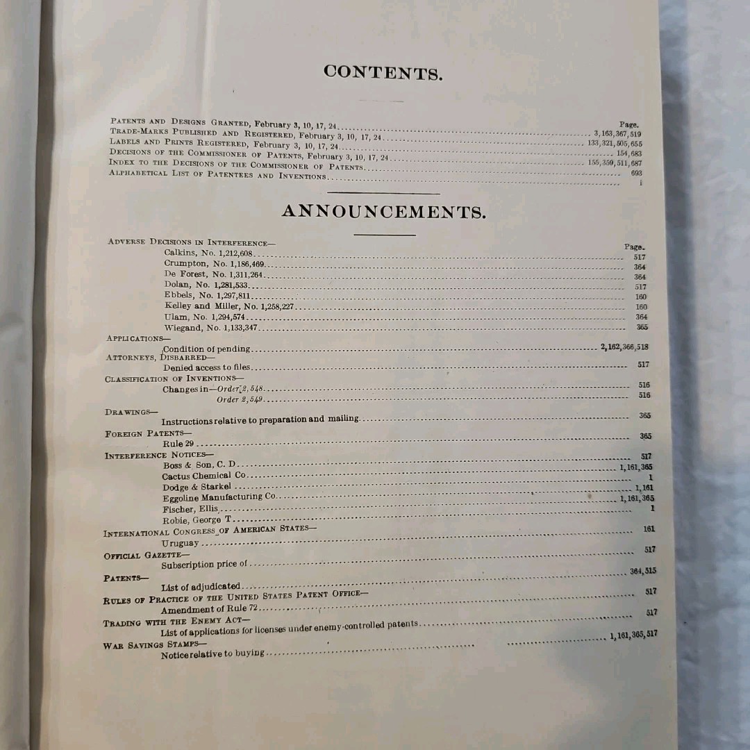Antique Official Gazette of the United States Patent Office February 1920 Vo 271