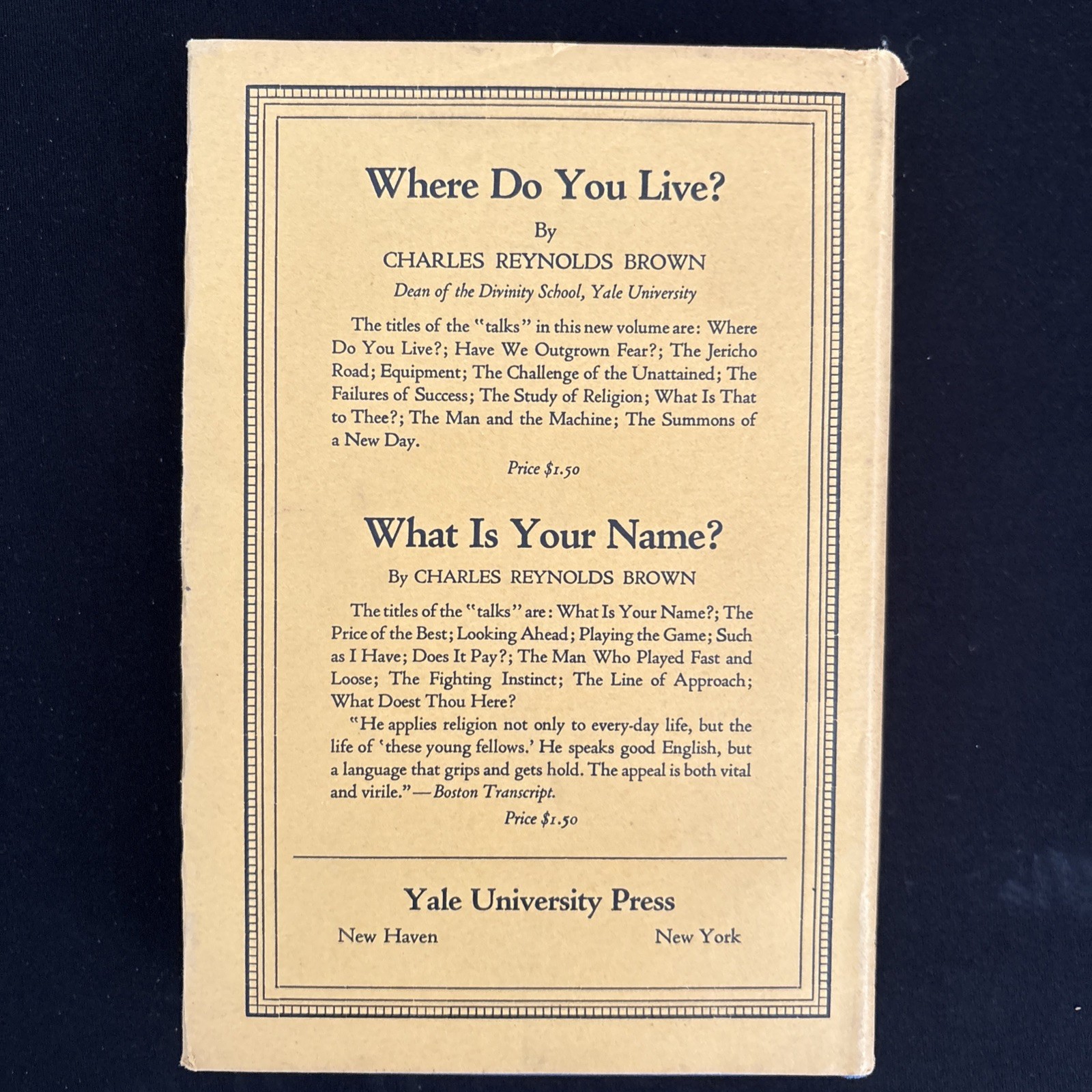 Charles Reynolds BROWN / Yale Talks / What Is Your Name – 1927 Vintage Yale