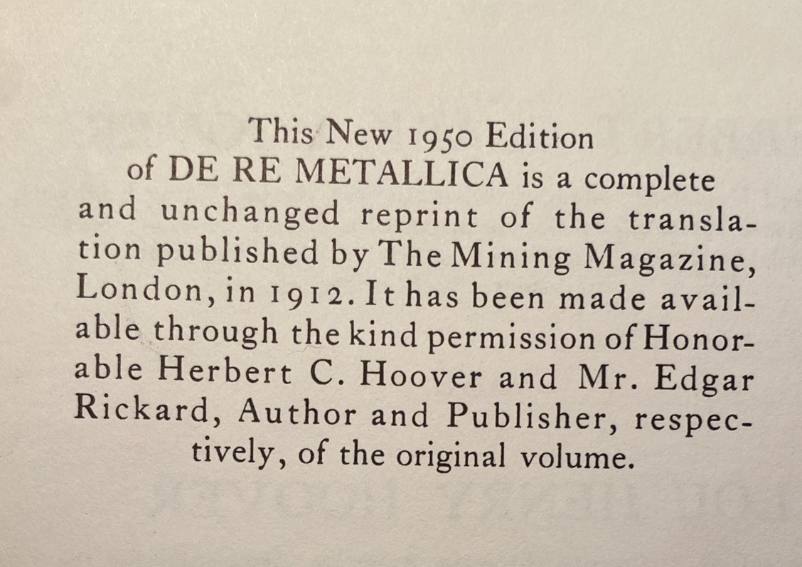DE RE METALLICA – G. AGRICOLA 1556 Edition translated: Herbert & Lou Hoover 1950