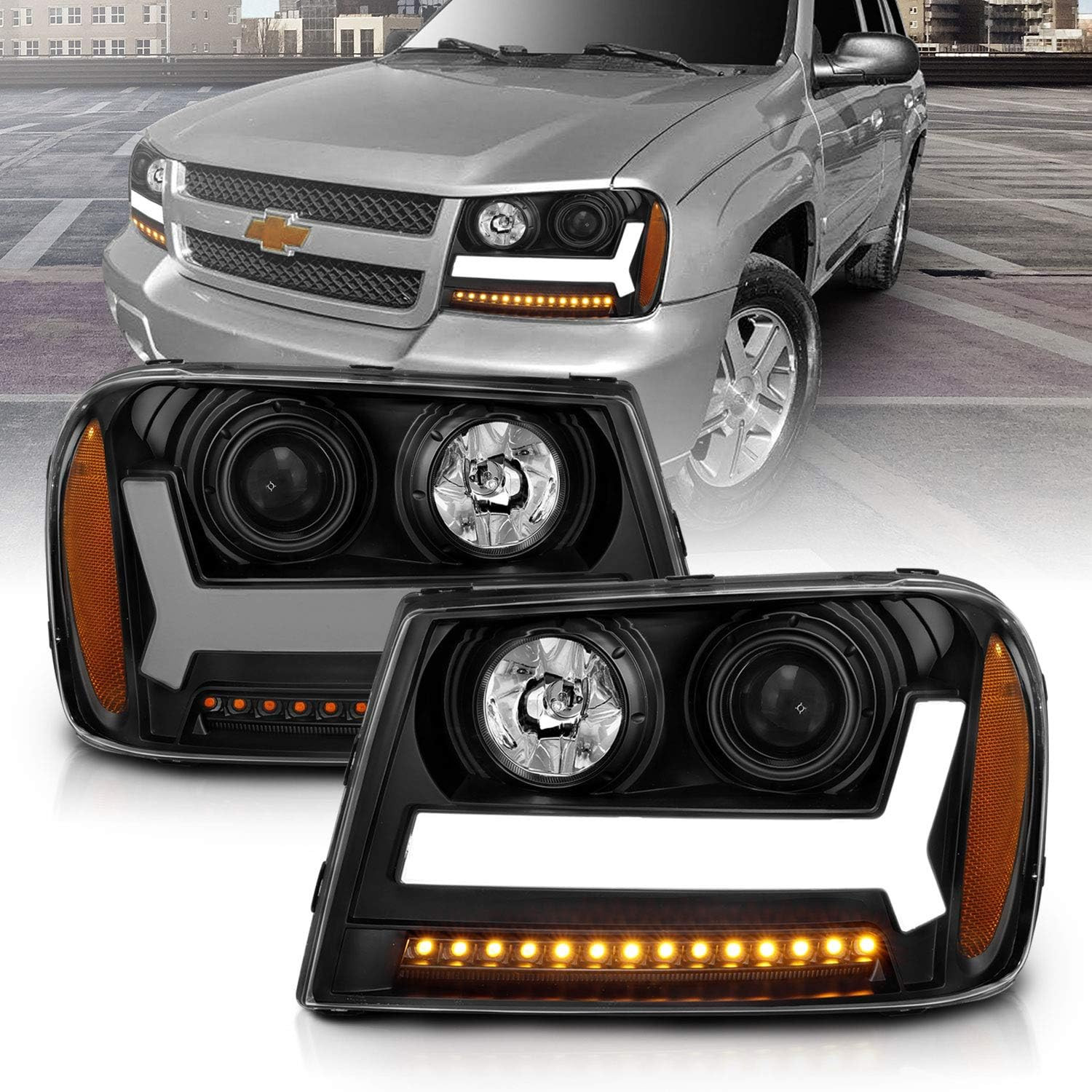 for 2006-2009 Chevy Trailblazer LT Models Plank LED Tube Projector Black Headlig