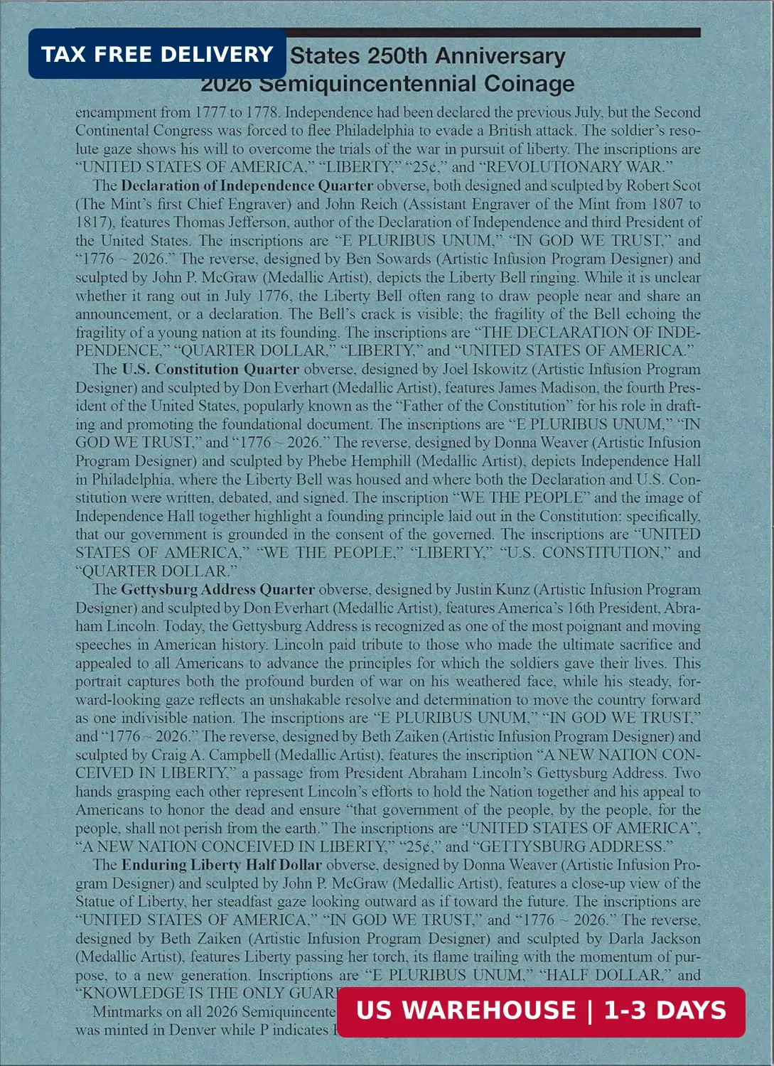Official Whitman® Coin Folder – United States 250th Anniversary Blue FAST SHIP