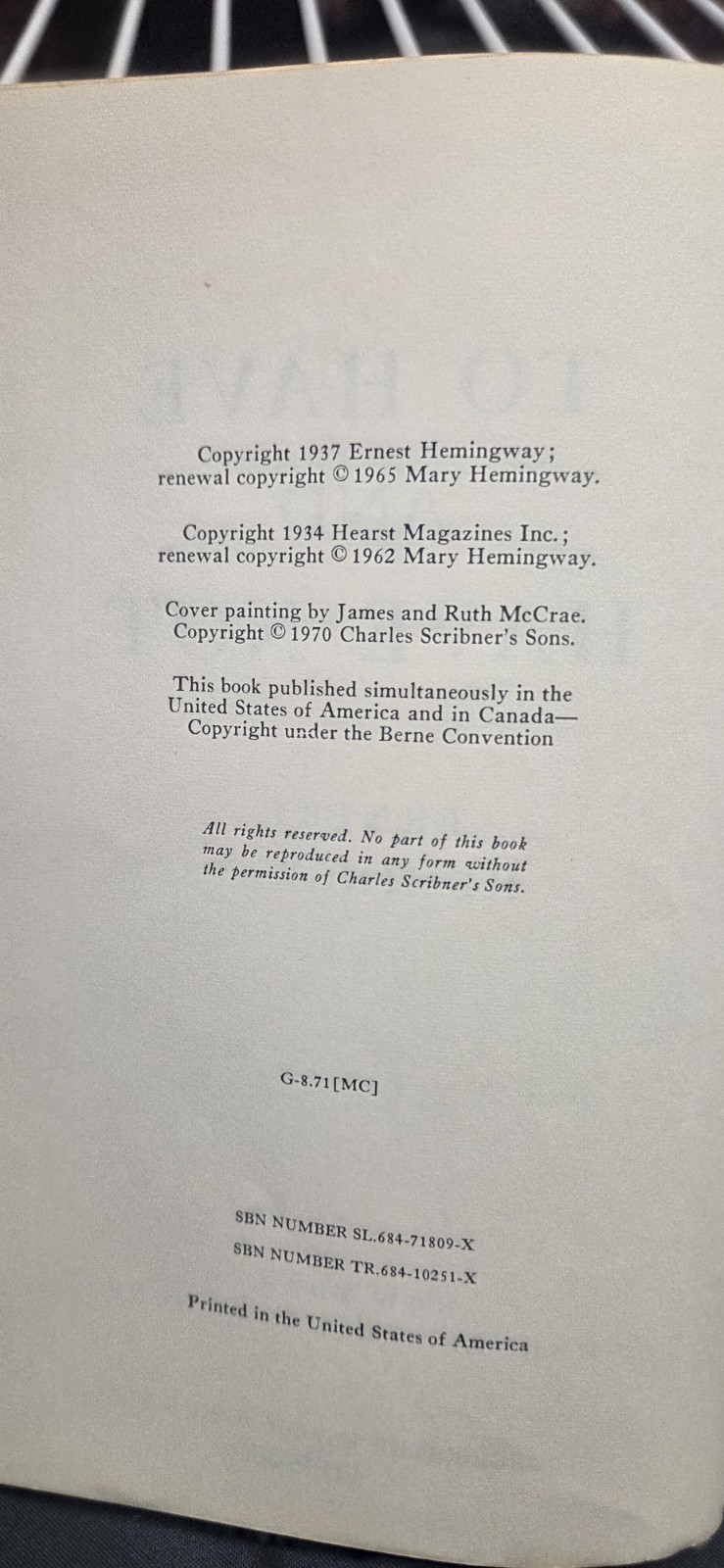 Ernest Hemingway To Have and Have Not, Hardcover Scribners, Archbishop Curley HS