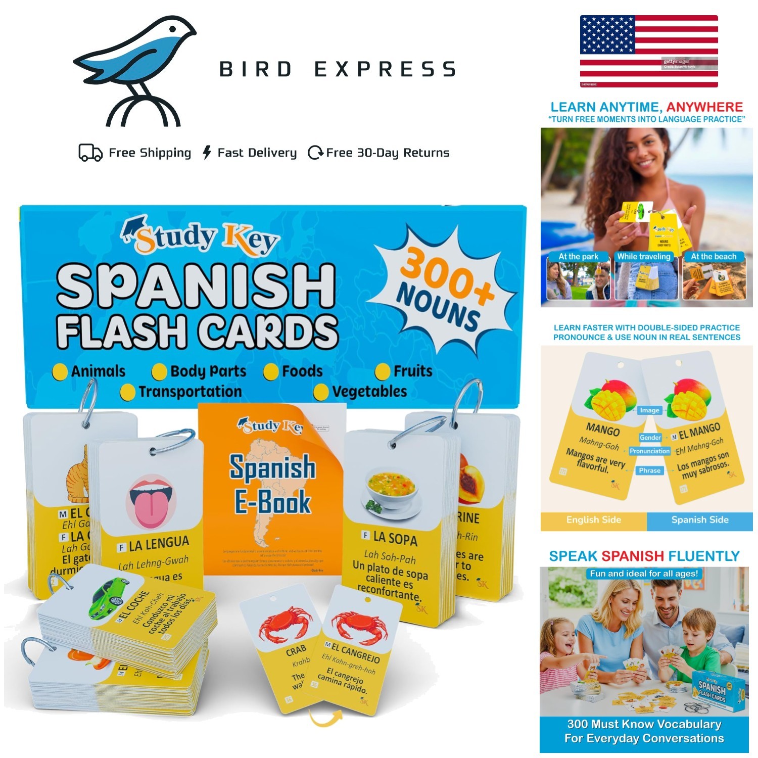 300 Spanish Vocabulary Flashcards Bilingual Learning Game for Adults Kids