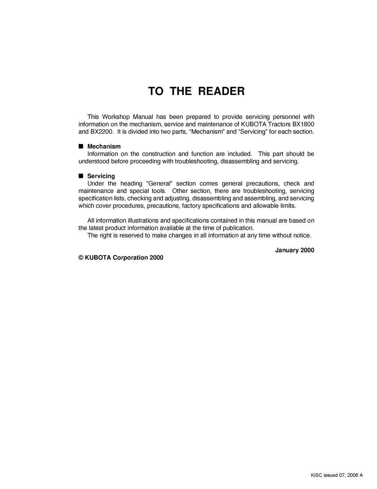 KUBOTA BX1800 BX2200 TRACTOR WORKSHOP MANUAL – SPIRAL BINDING & STRONG COVERED