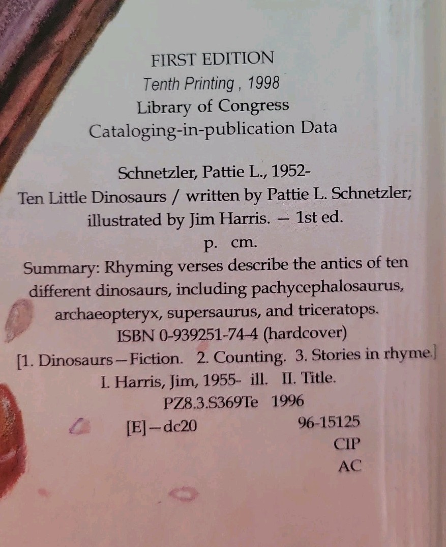 Rare! 1997, 1st Edition, 9th Printing, Ten Little Dinosaurs, Pattie Schnetzler