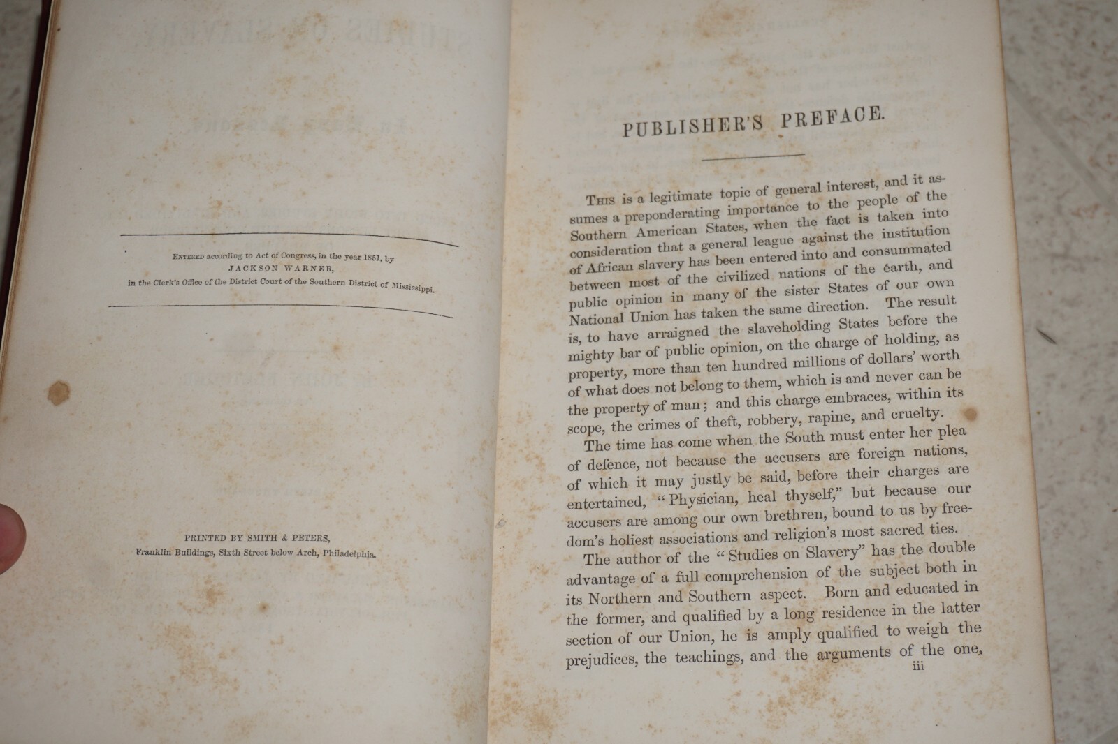 Fletcher’s Studies on Slavery 1852 Book Original printing New Binding