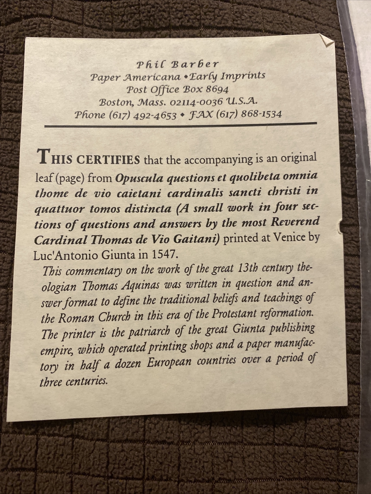 Original Leaf/page From Questions And Answers By Thomas De Vio Gaitani 1547