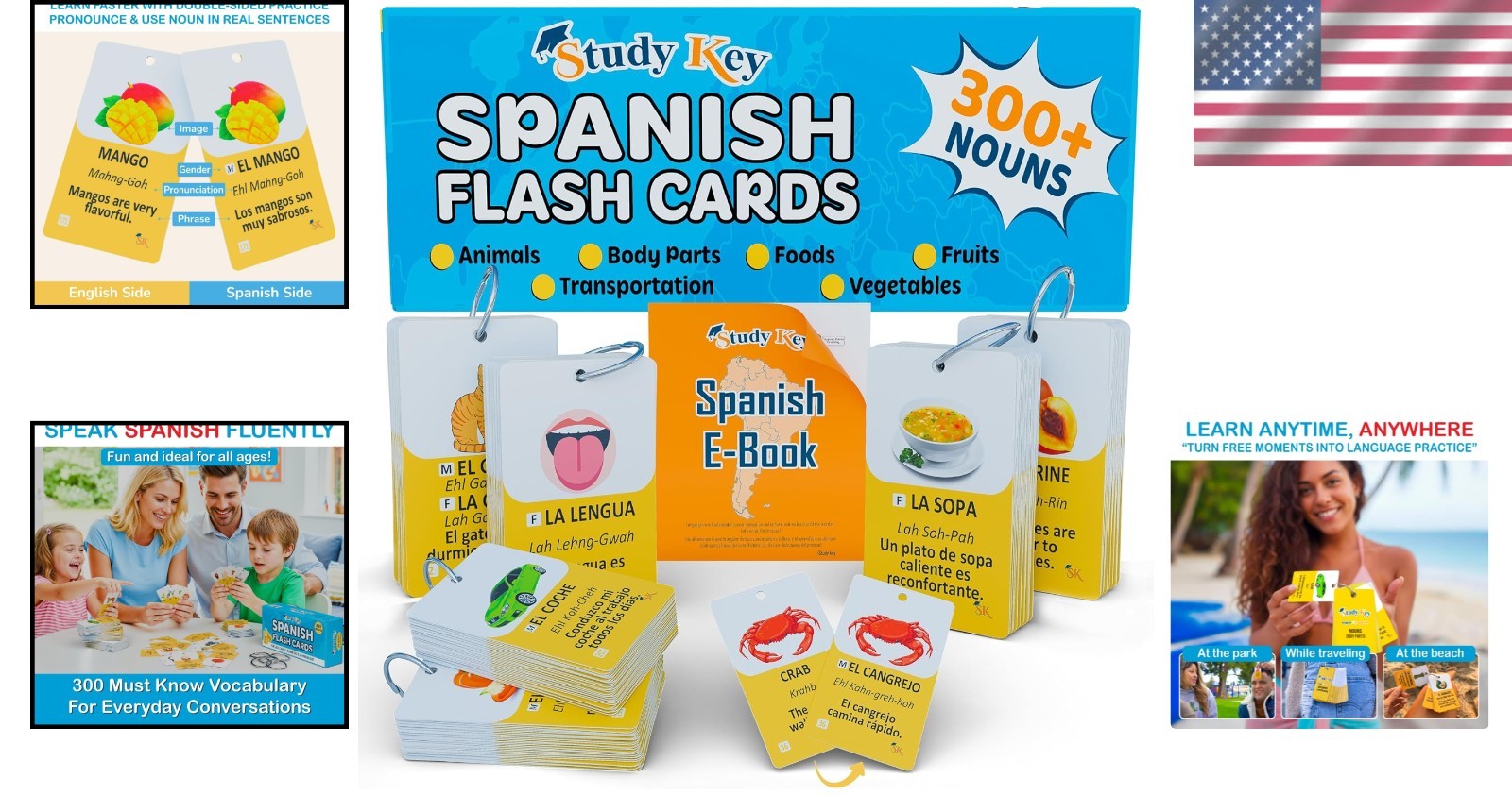 300 Spanish Vocabulary Flashcards Bilingual Learning Game for Adults Kids