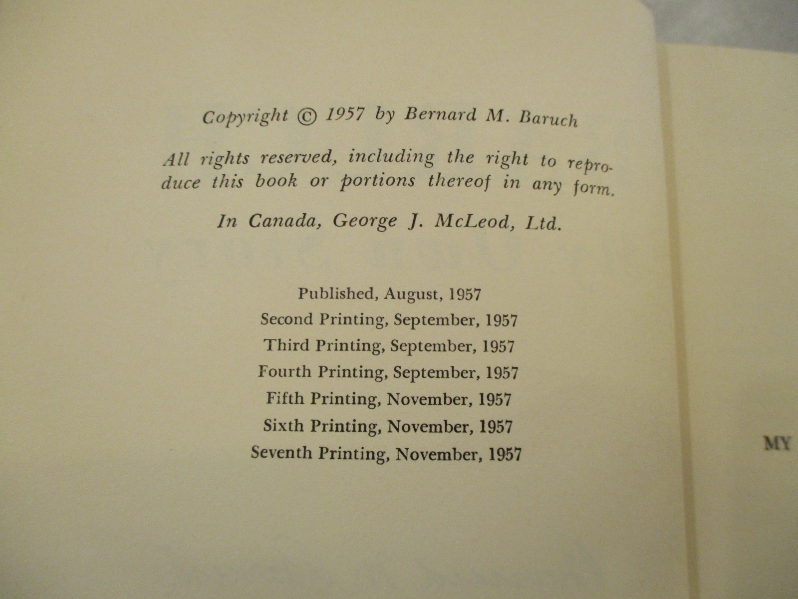BARUCH MY OWN STORY 1957 1st Ed HARDCOVER w/CARTIER CHRISTMAS CARD –