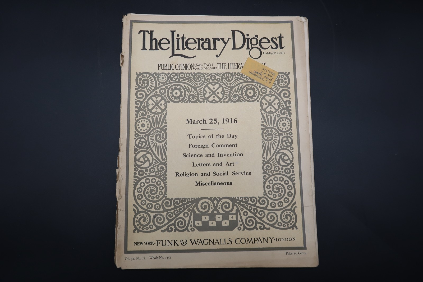 Antique Literary Digest Mar 25, 1916 Funk & Wagnalls Vol 52 #13 WW1 Science Art