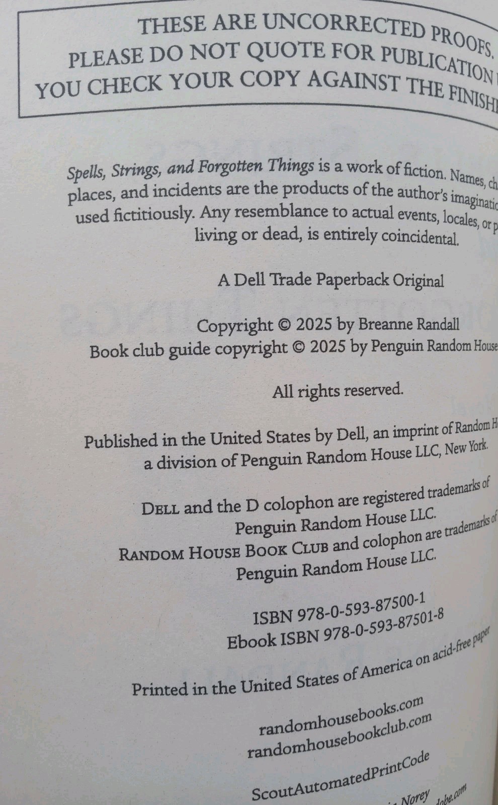 Spells Strings and Forgotten Things Sisters of Light & Shadow Uncorrected Proof