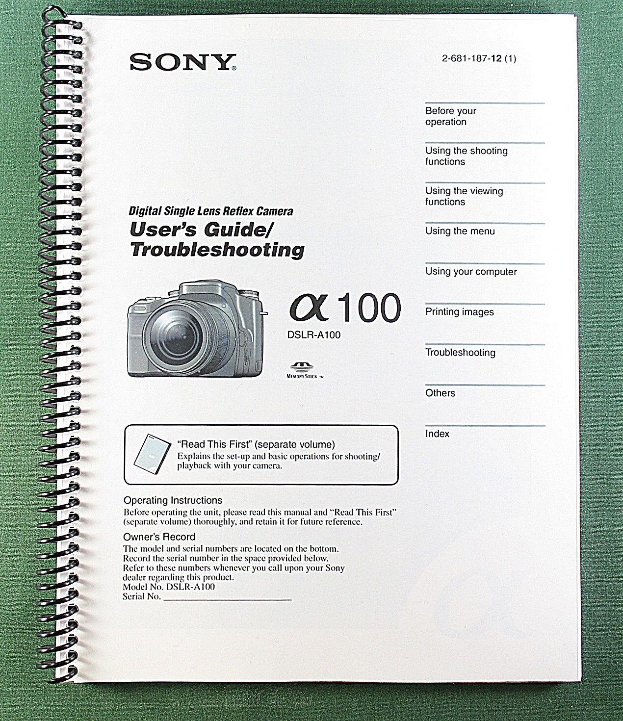 Sony DSLR-A100 Instruction Manual: 159 Pages & Protective Covers!