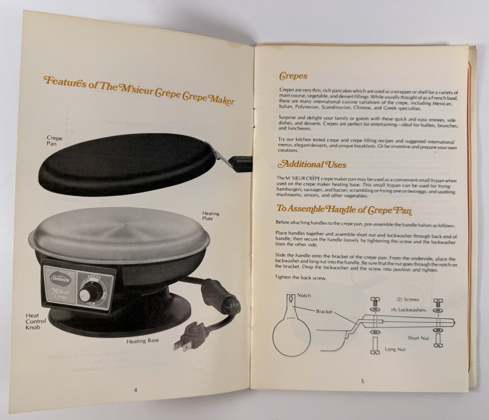 Vintage Sunbeam M’sieur Crêpe Electric Crepemaker Manual & Recipes 1976