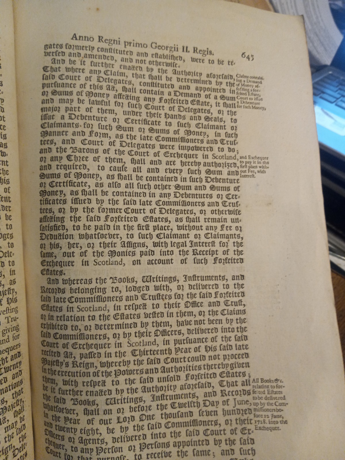 1728 KING GEORGE II PARLIAMENT ACT ON SCOTTISH ESTATE FORFEITURE 4 PAGE DOCUMENT