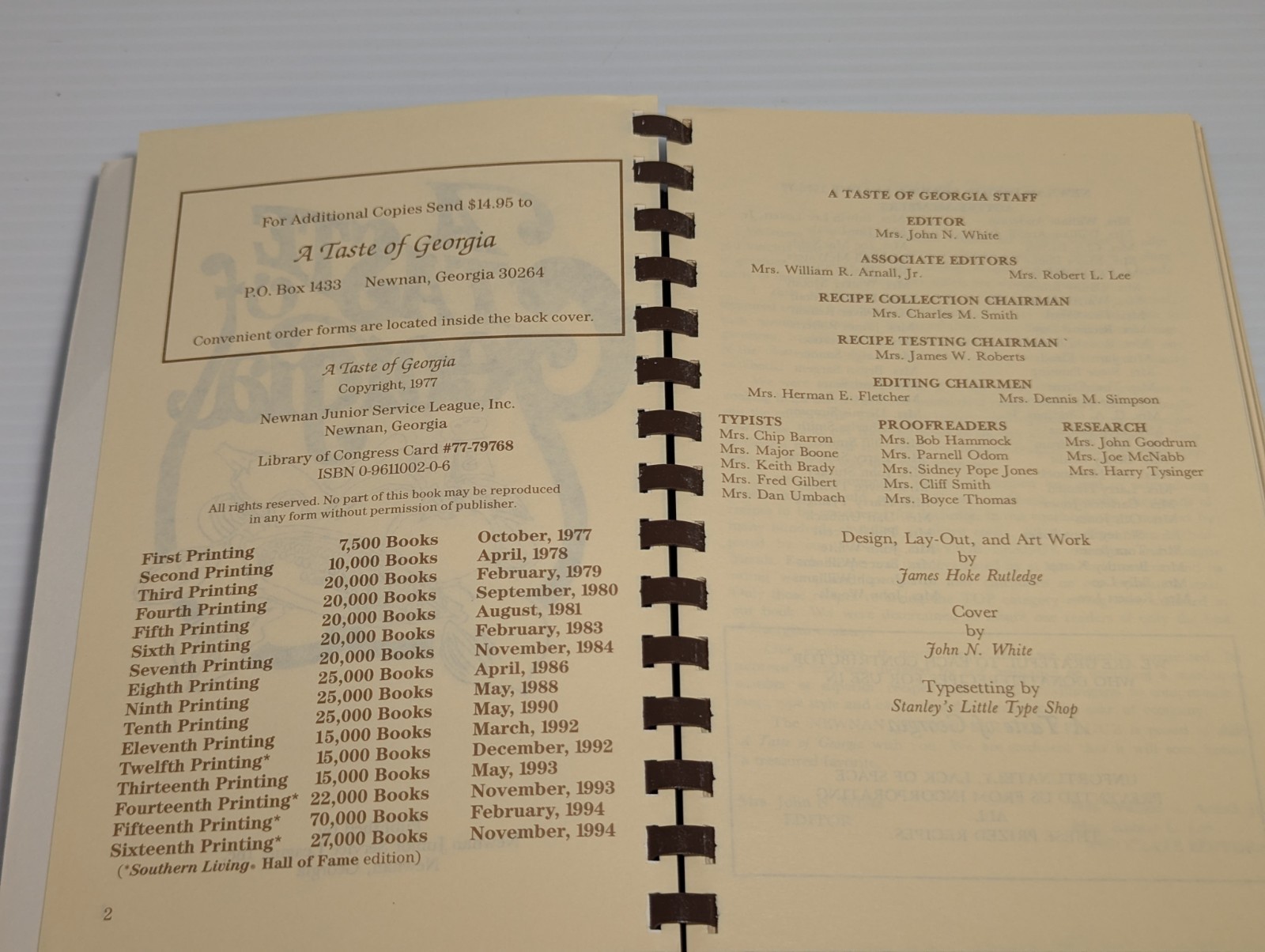A Taste of Georgia Southern Cookbook Newnan Junior Service League 1994 592 pages