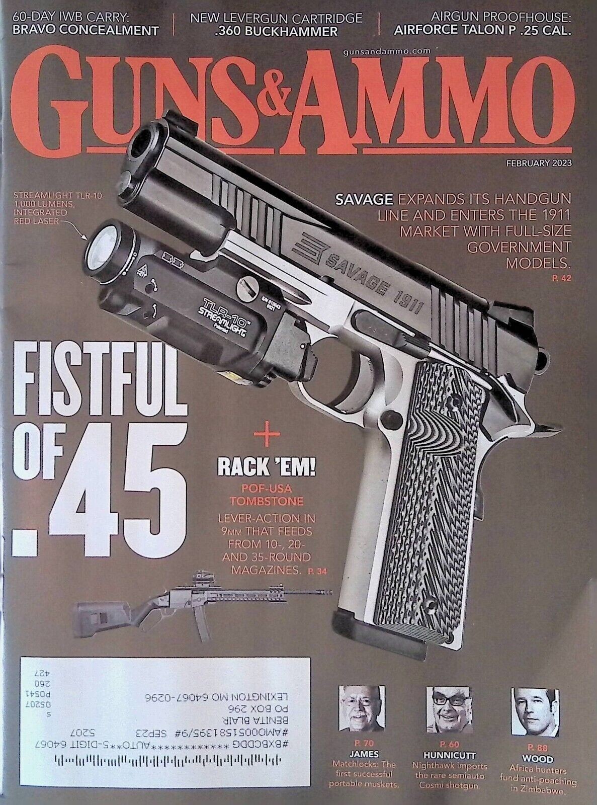 GUNS & AMMO MAGAZINE FEBRUARY 2023, SAVAGE, .360 BUCKHAMMER, .25 AIRGUN, NEW