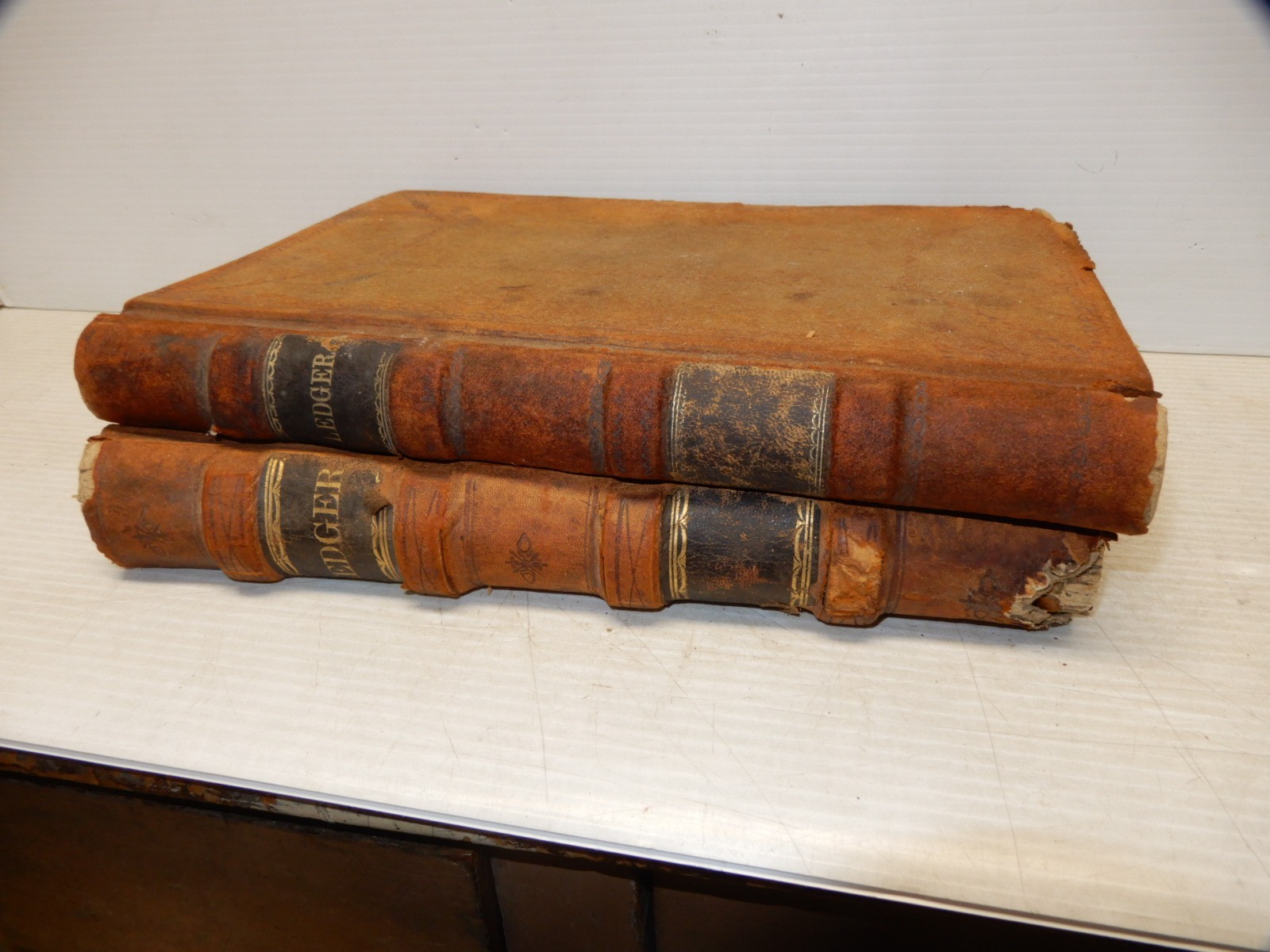 2 ANTIQUE LEATHER BOUND LEDGERS 1870-1890 NEW YORK