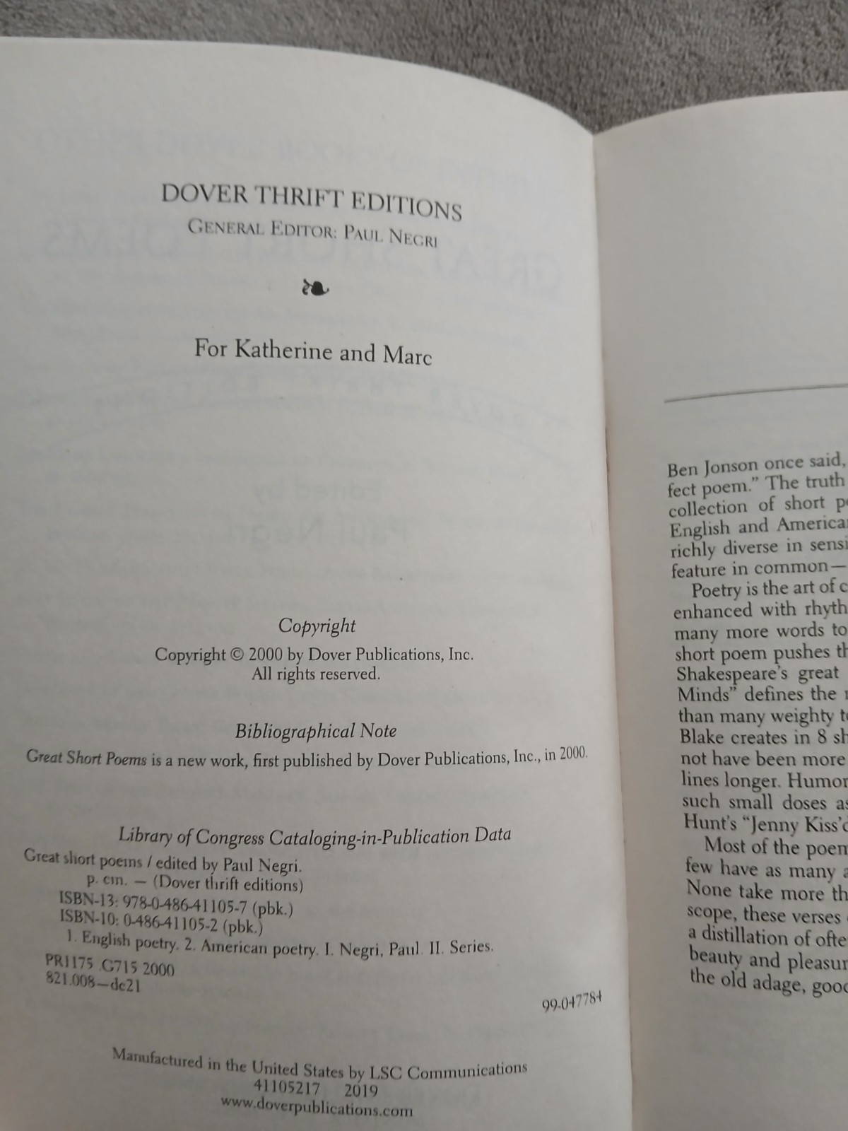 Great Short Poems (Dover Thrift Editions) Paul Negri Like New 2000 Softcover