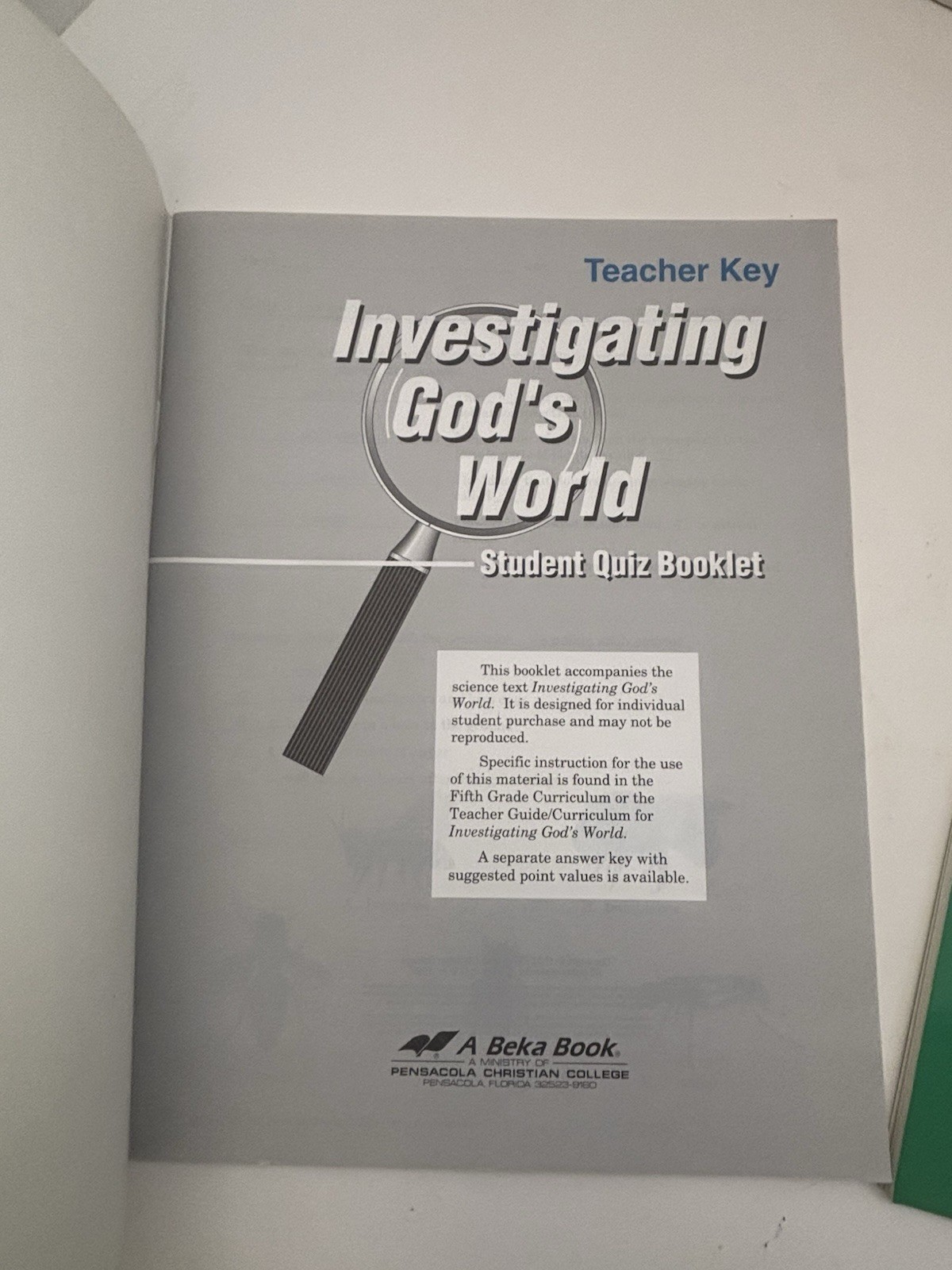Abeka Investigating God’s World Teacher Test Booklet & Quiz Booklet Keys Grade 5