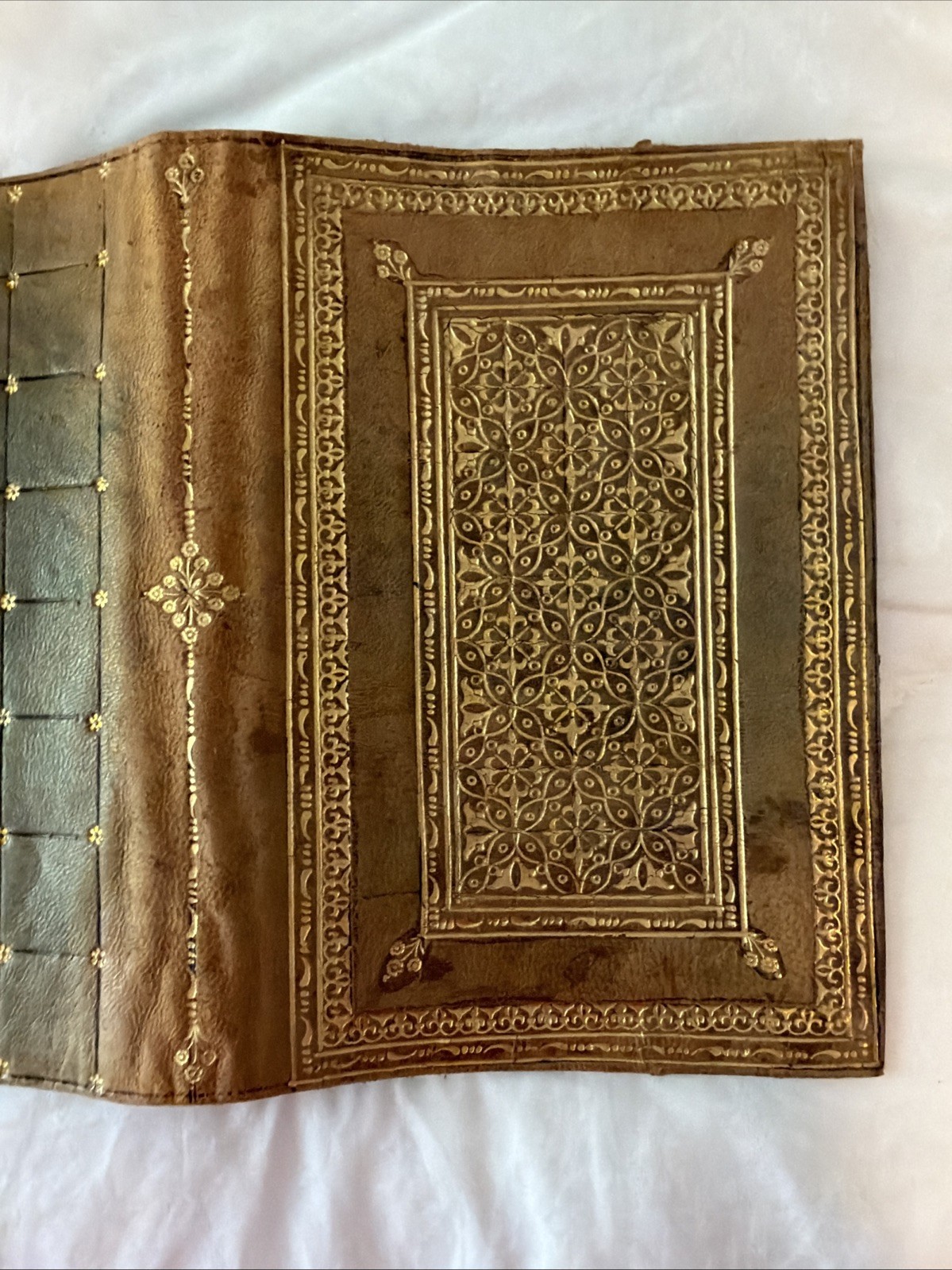 Antique Leather Book Cover with 22k Gold Inlay and Design Art
