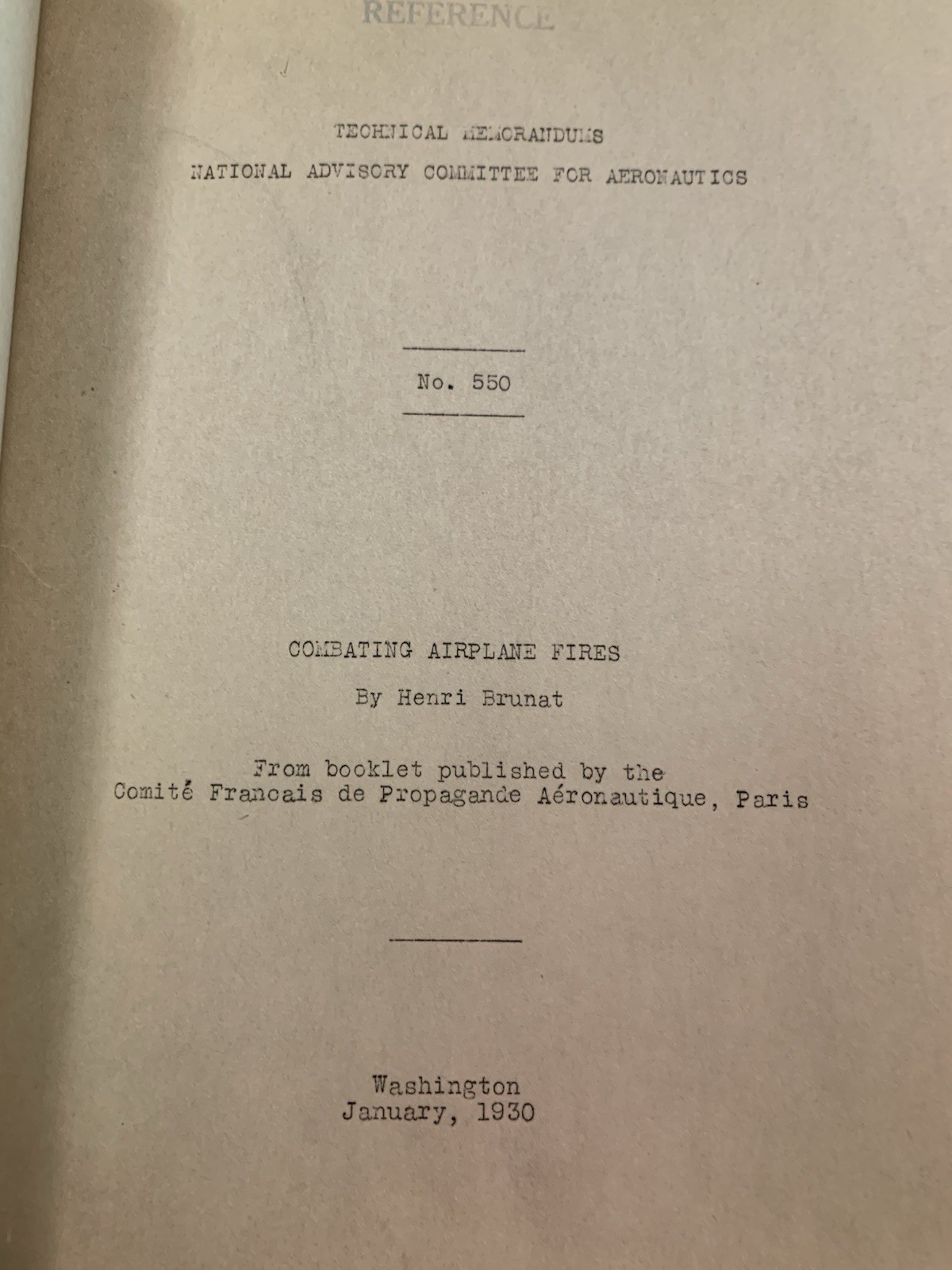 NACA Technical Memorandums Nos. 549-556 from 1920s, Published 1930