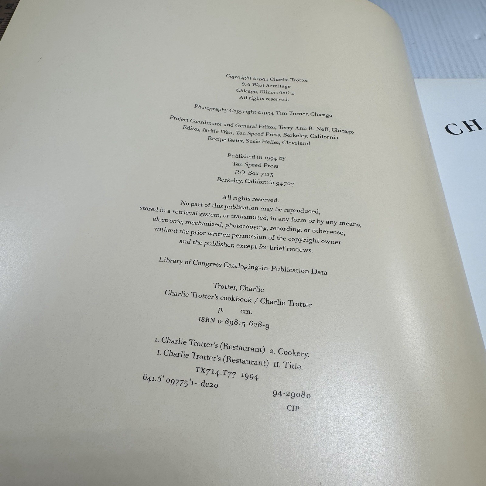Vintage 1994 Charlie Trotter’s Cookbook Chicago Hardcover Ten Speed Press