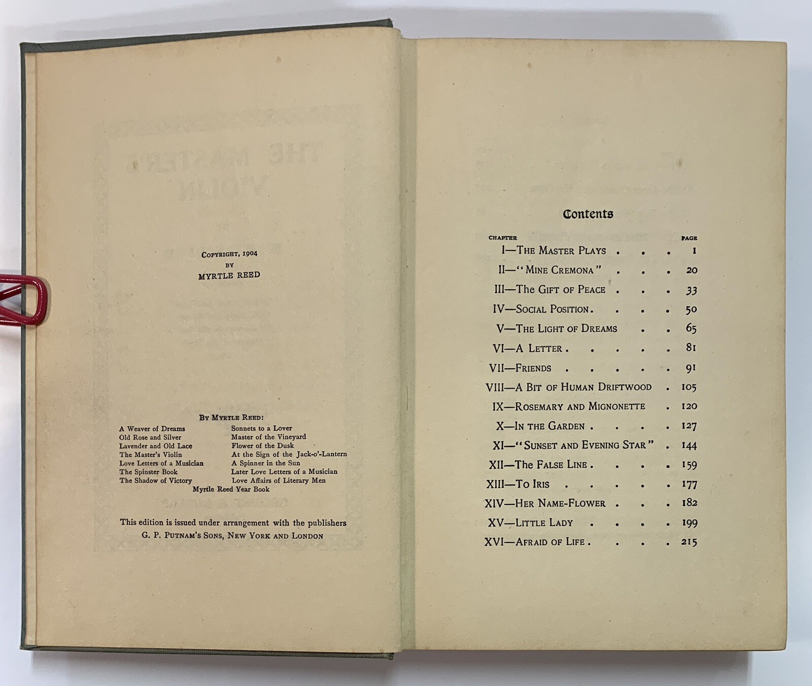 The Master’s Violin 1904 Myrtle Reed Grossett & Dunlap First Printing 315 Pages