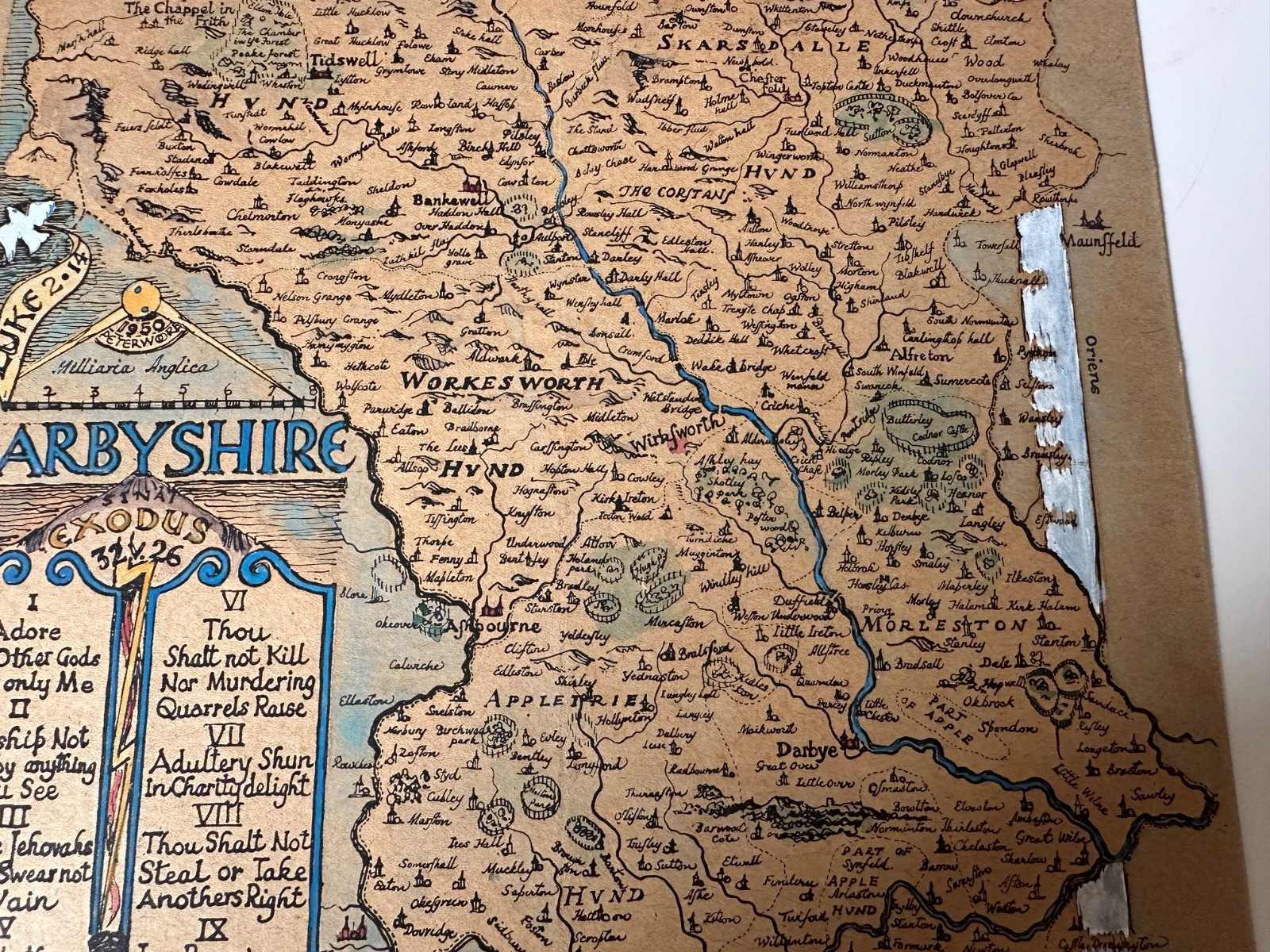 DERBYSHIRE Manuscript Map See VIDEO Presentation 38.5 × 28.5cm hand-painted 1950