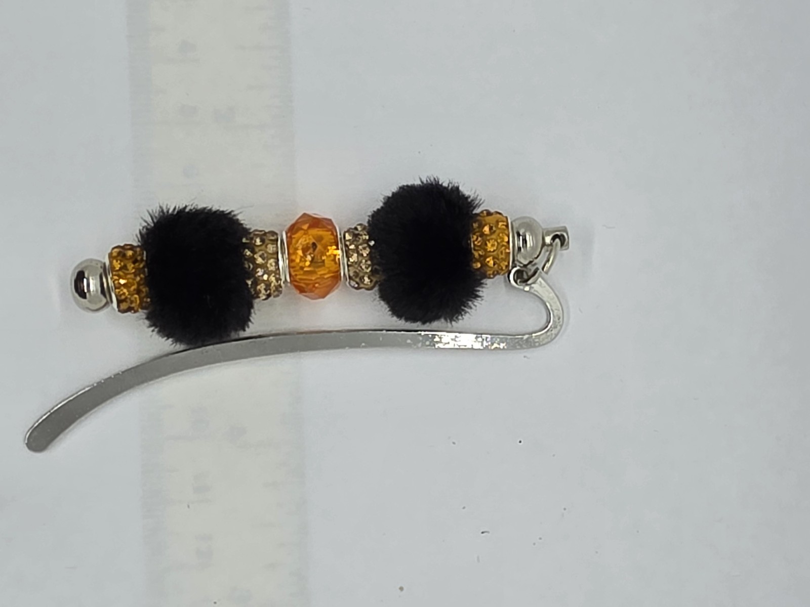Beaded Bookmark Oranges And Black Faux Fur With Rhinestones 3.4″ In. Long. #8