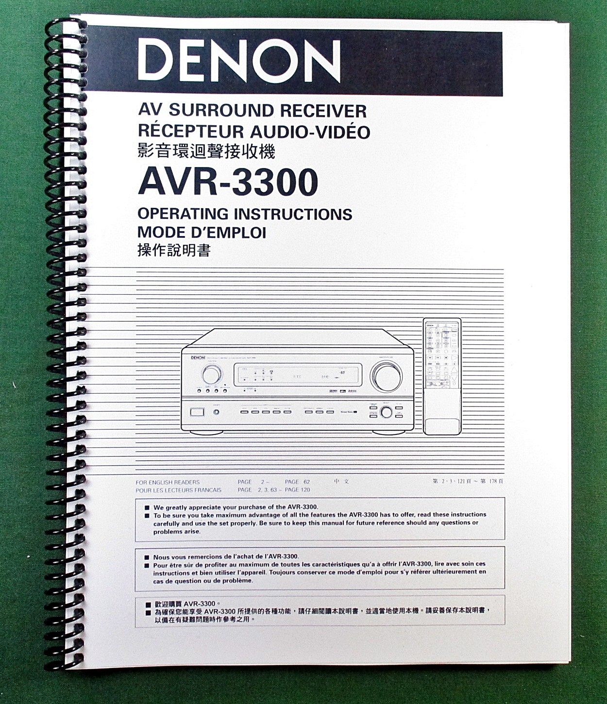Denon AVR-3300 Instruction Manual: 62 Pages & Protective Covers!