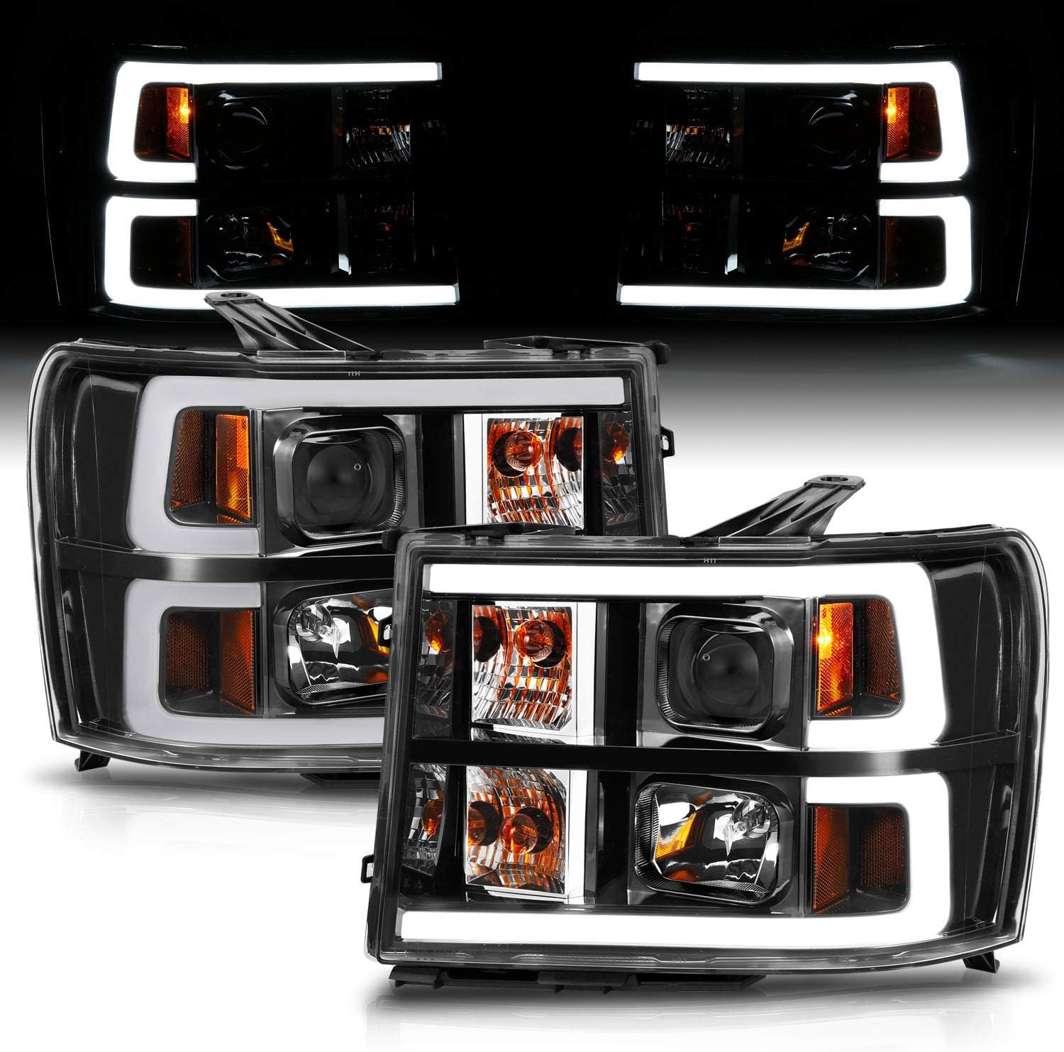 for 2007-2014 GMC Sierra 1500 2500 3500 Dual C-Type LED Tube Square Projector Bl