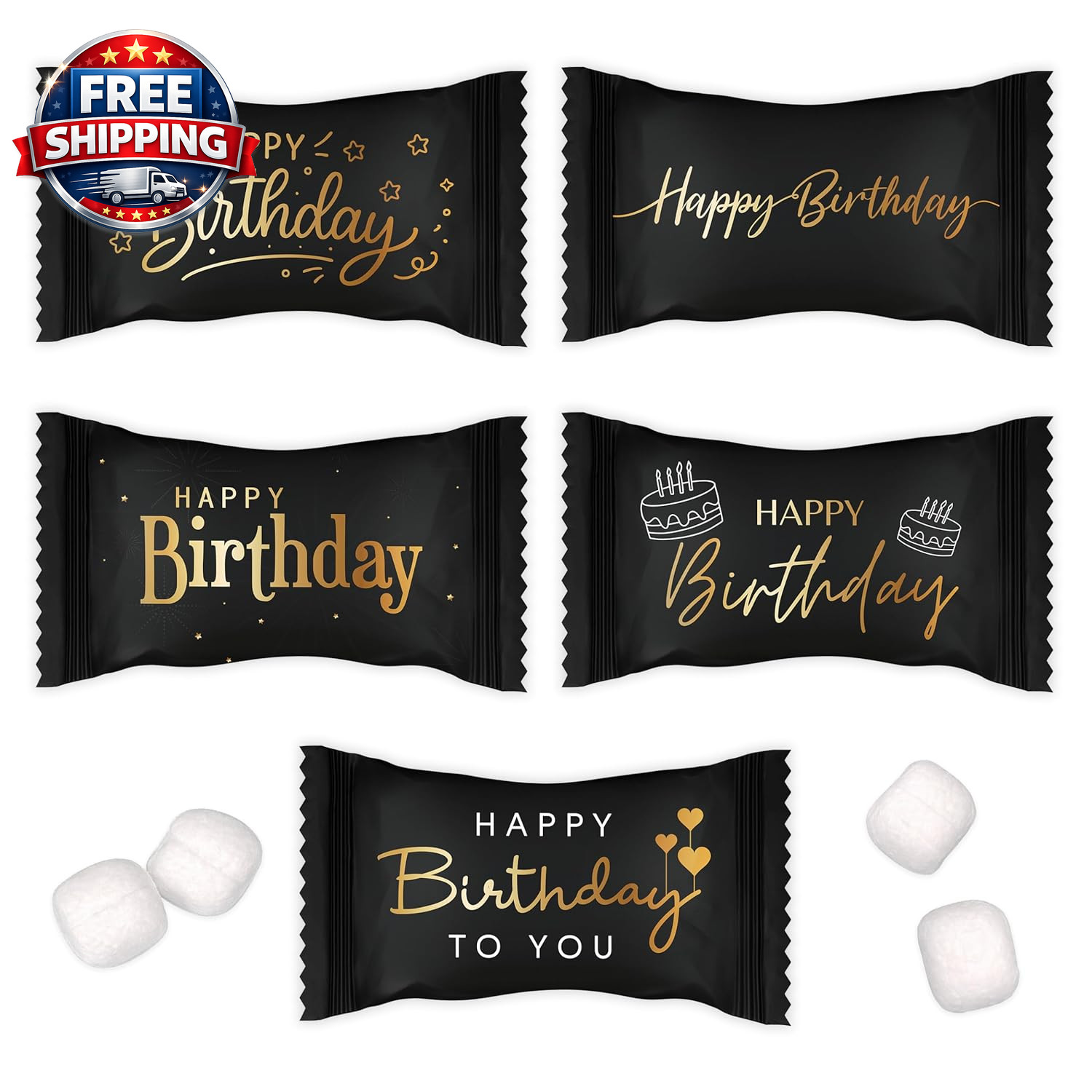 Happy Birthday Buttermints Candy 100 Count 13 Oz. Black and Gold Individually Wr
