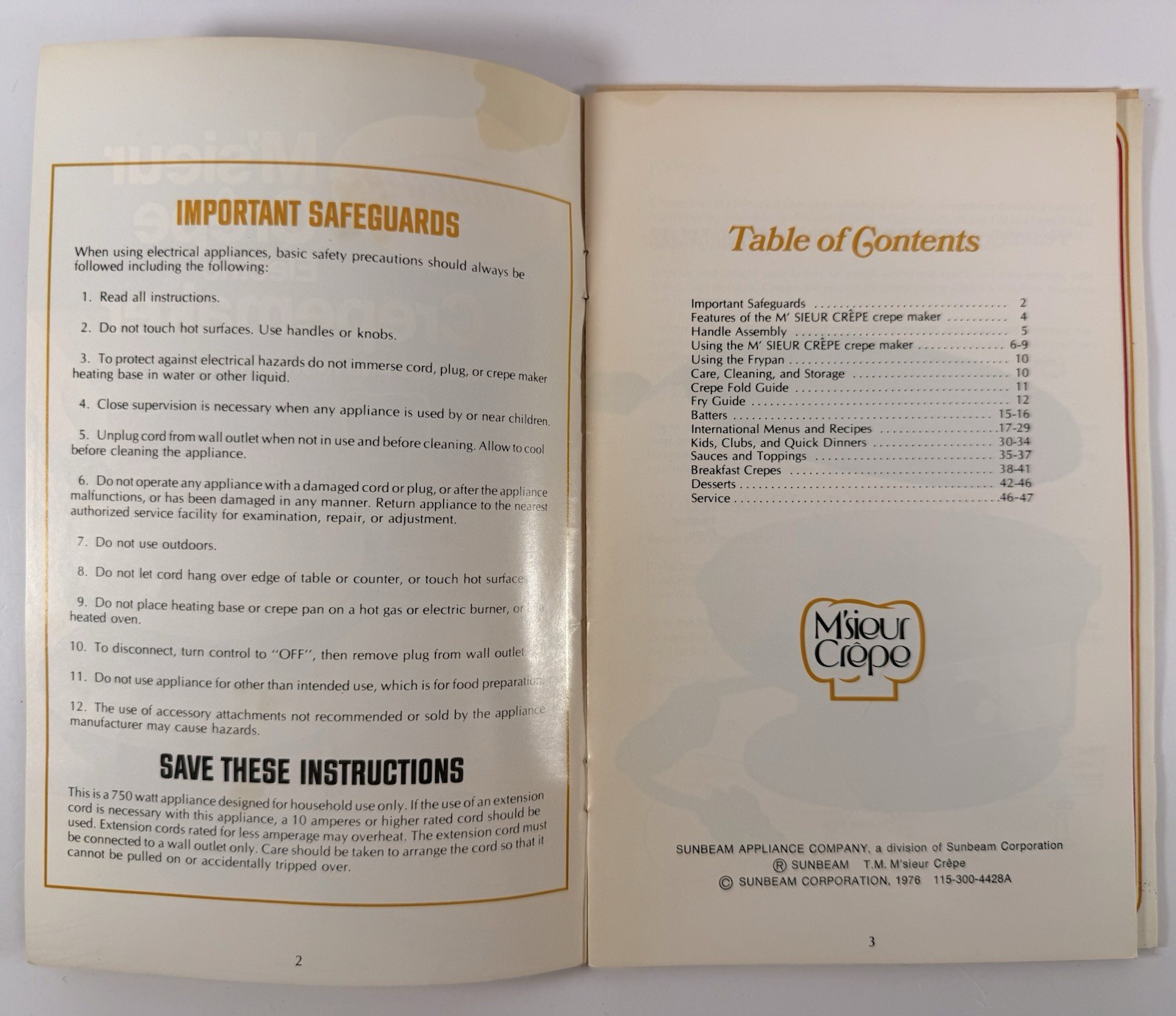 Vintage Sunbeam M’sieur Crêpe Electric Crepemaker Manual & Recipes 1976
