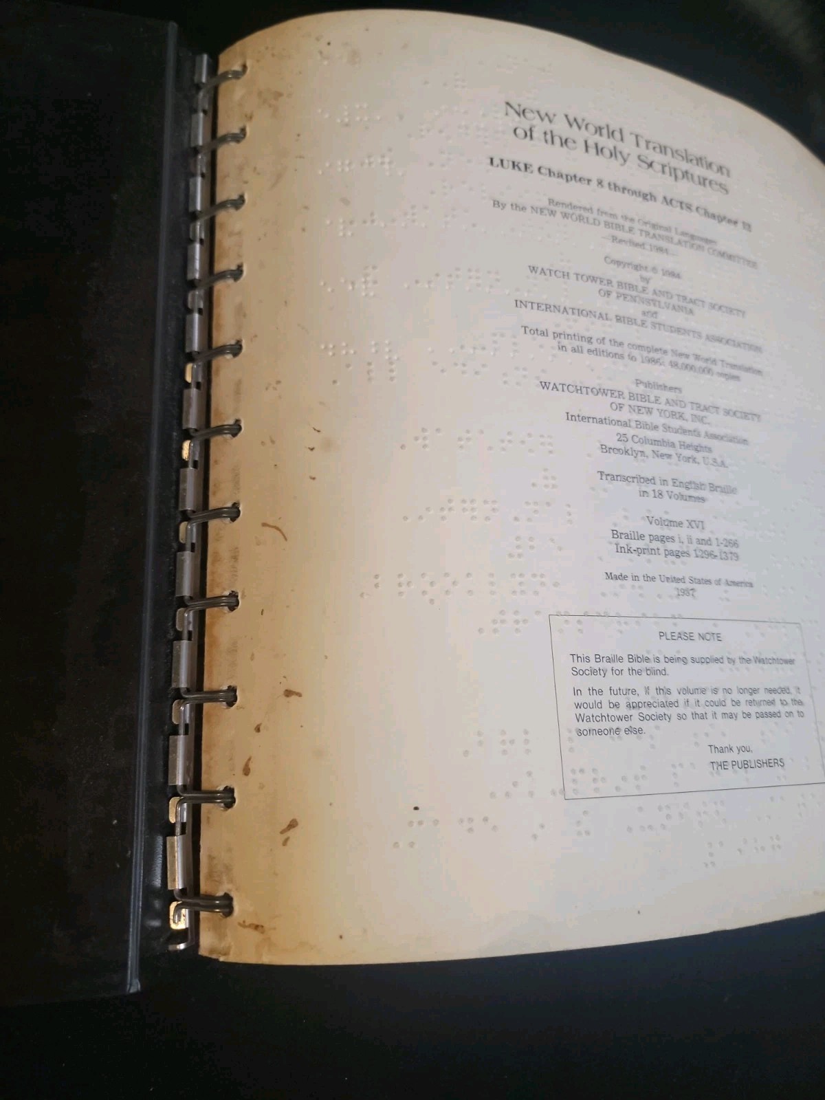 New World translation of the Holy Scriptures In (English Braille) 1984 volume 16
