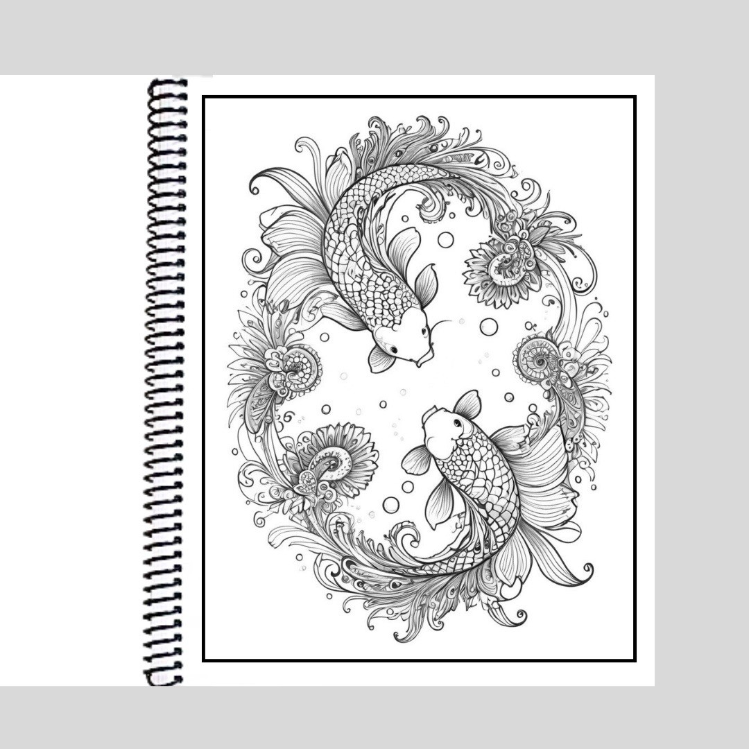 Koi – Spiral Bound Adult Coloring Book – Thick Artist Paper – 50 pages