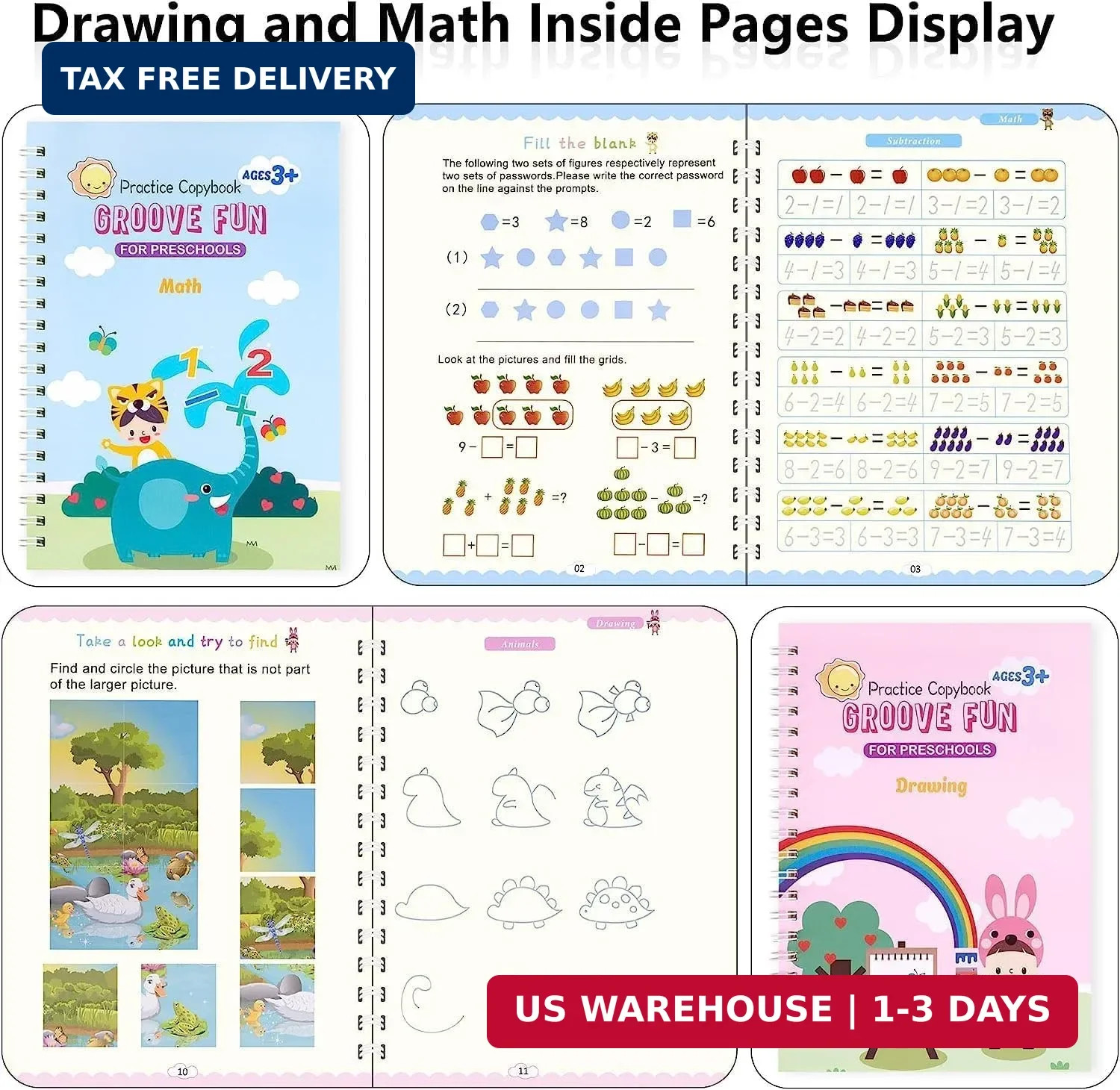 4 in 1 Reusable Grooved Writing Practice Books, Magic Ink Auto-Erase Handwriting