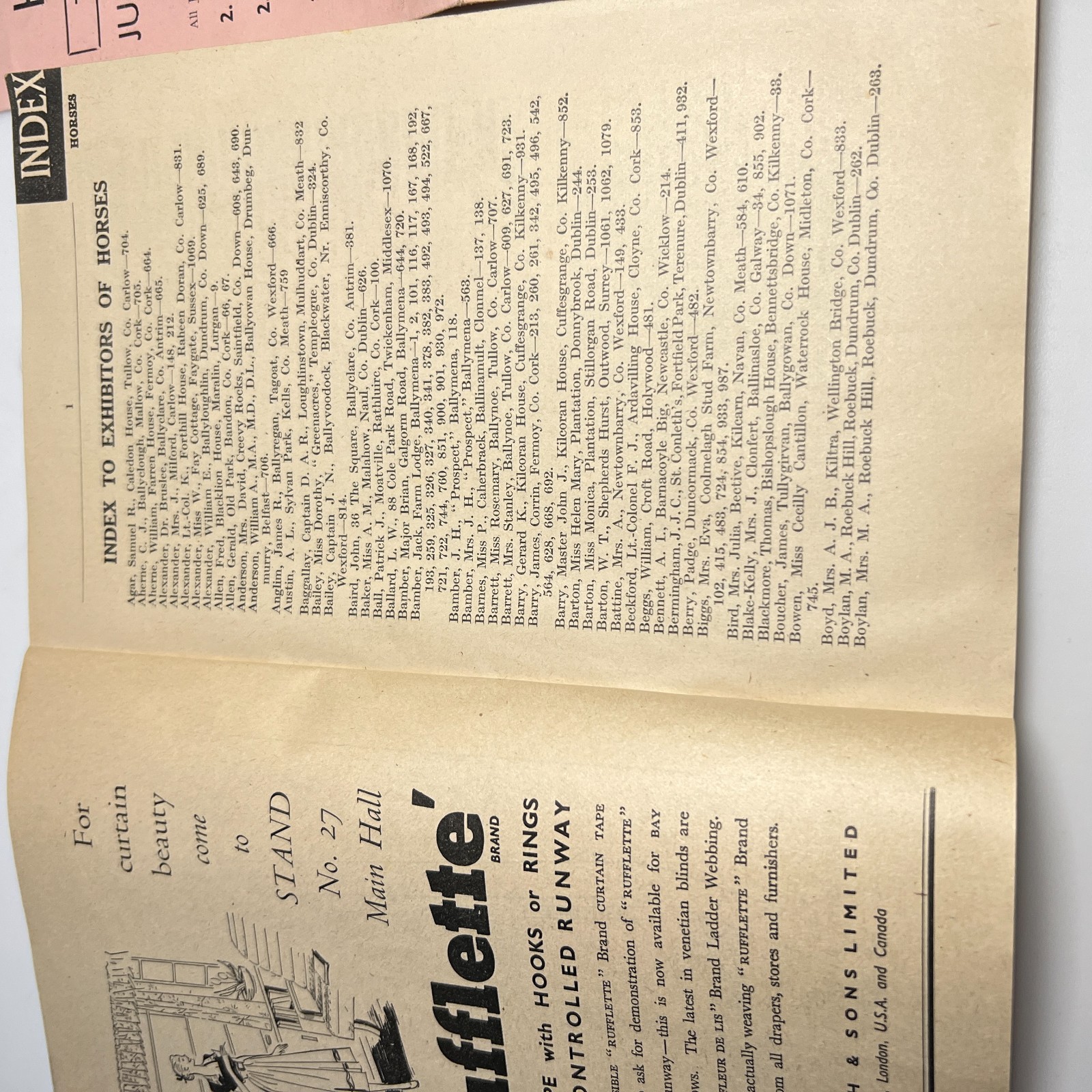 1952 Dublin Horse Show Official Catalogue & Jumping Enclosure Card