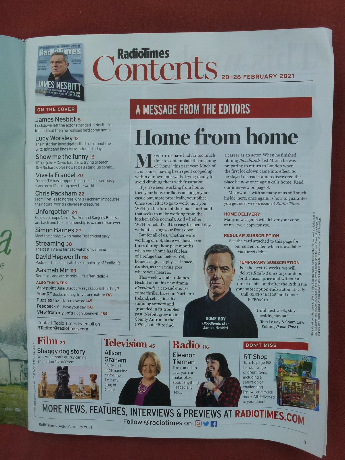 RADIO TIMES 20-26 FEBRUARY 2021 – JAMES NESBITT – BLOODLANDS; UNFORGOTTEN ETC