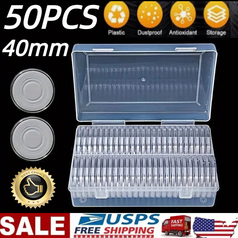 50PCS*40mm Coin Capsules Round Plastic Coin Holder White gaskets with Case Box🔥