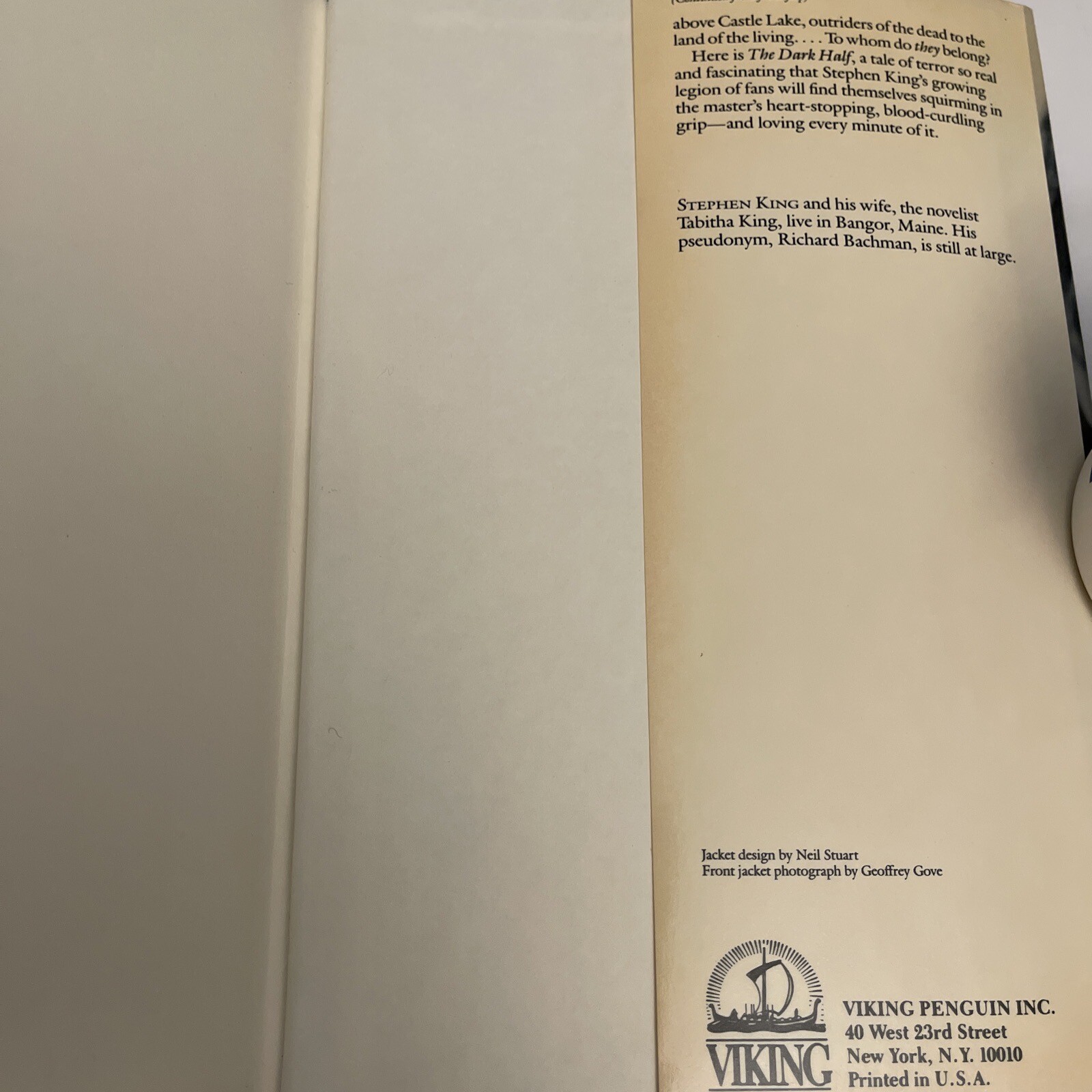 The Dark Half by Stephen King, Hardcover, 431 Pages, First Published In 1989, DJ
