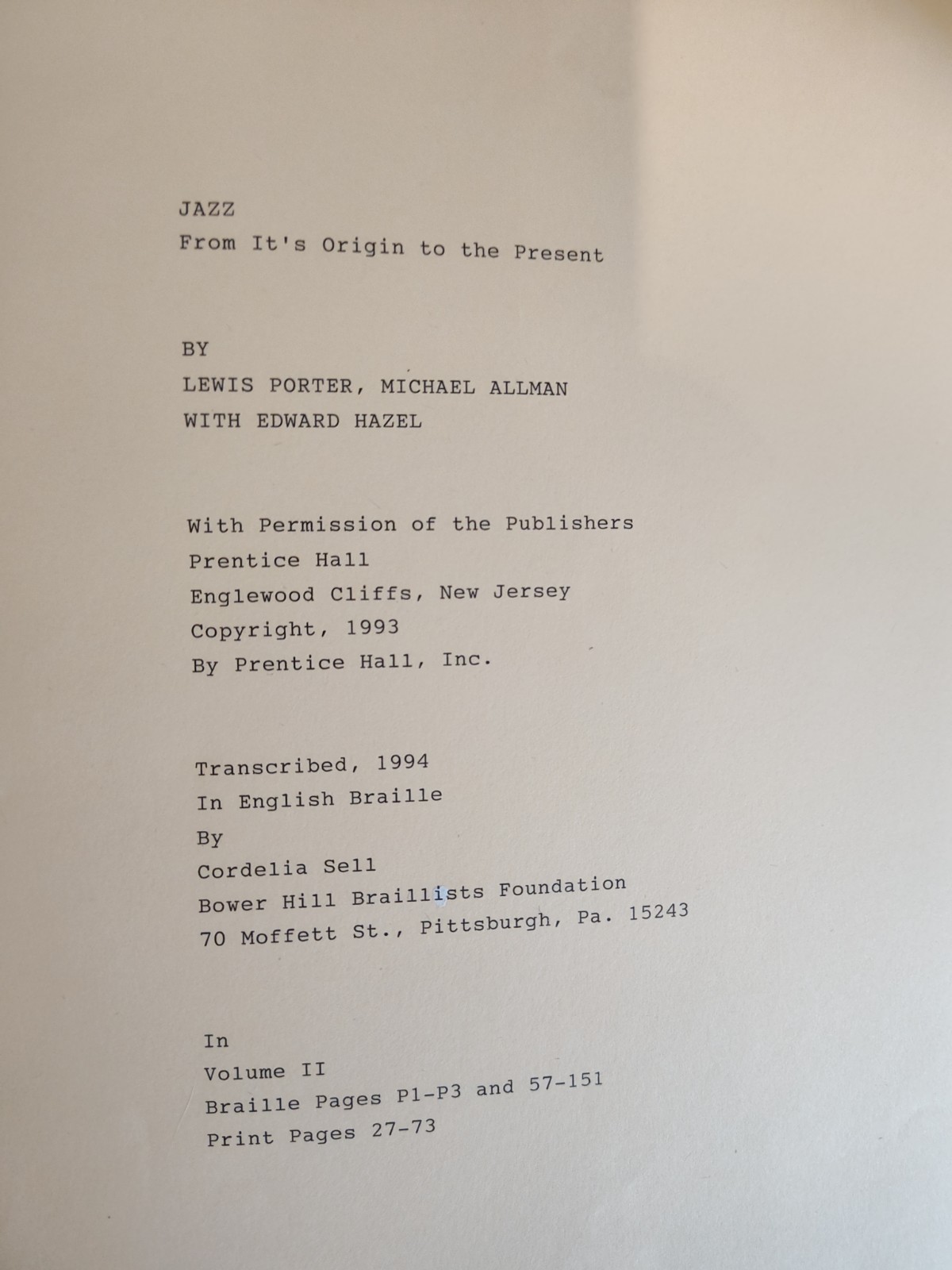 Braille Book JAZZ FROM IT’S ORIGIN TO THE PRESENT LOT OF 15