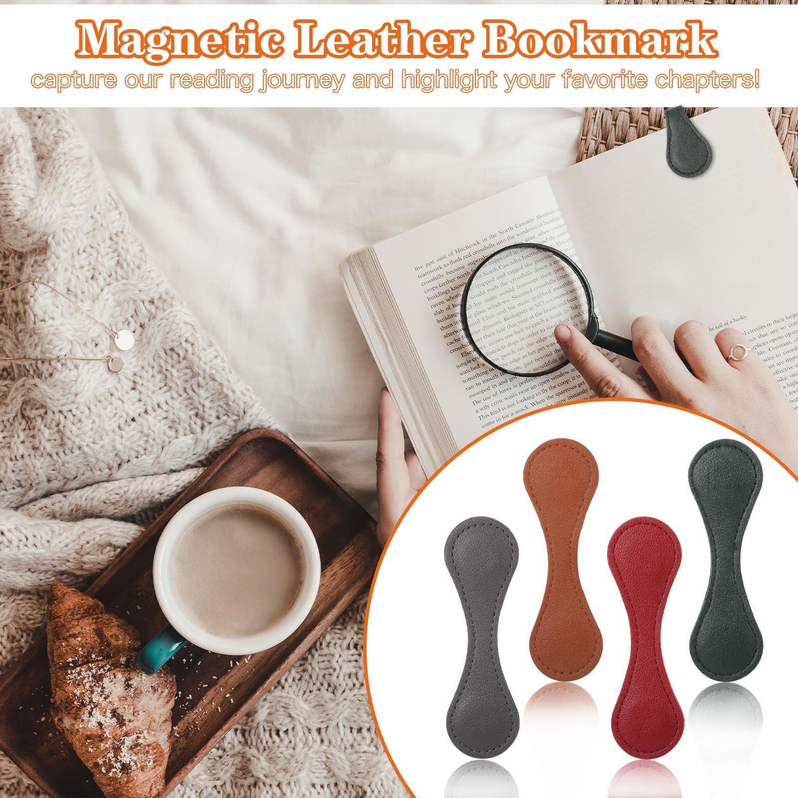 4 Pcs Magnetic Bookmarks Leather 3cm x 10cm (1.18in x 3.94in), 4 Colors